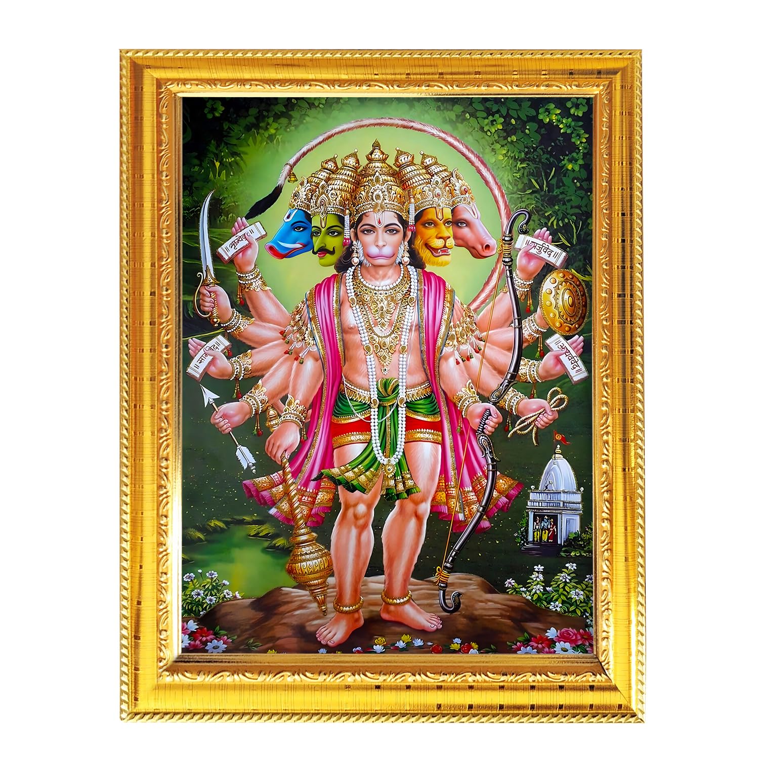 Fashnkart Panchmukhi Hanuman Religious Indian Hindu God Idol Golden Photo Frame For Worship Pooja Temple Wall Hanging And Table Décor 8.3X6.5