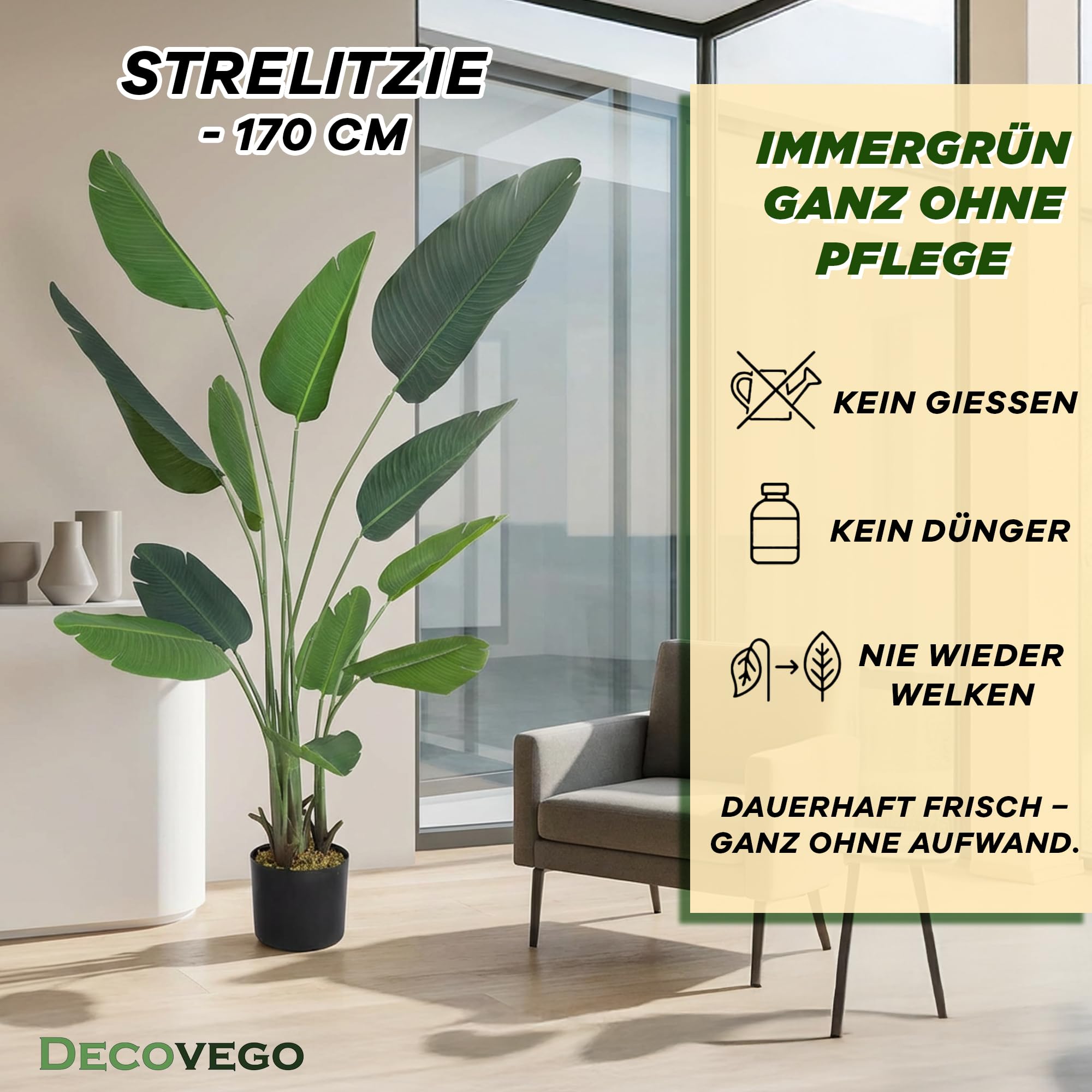 Decovego Künstliche Strelitzie 170 cm, Paradiesvogelblume Kunstpflanze im Topf, Pflegeleichte Zimmerpflanze für Innenräume