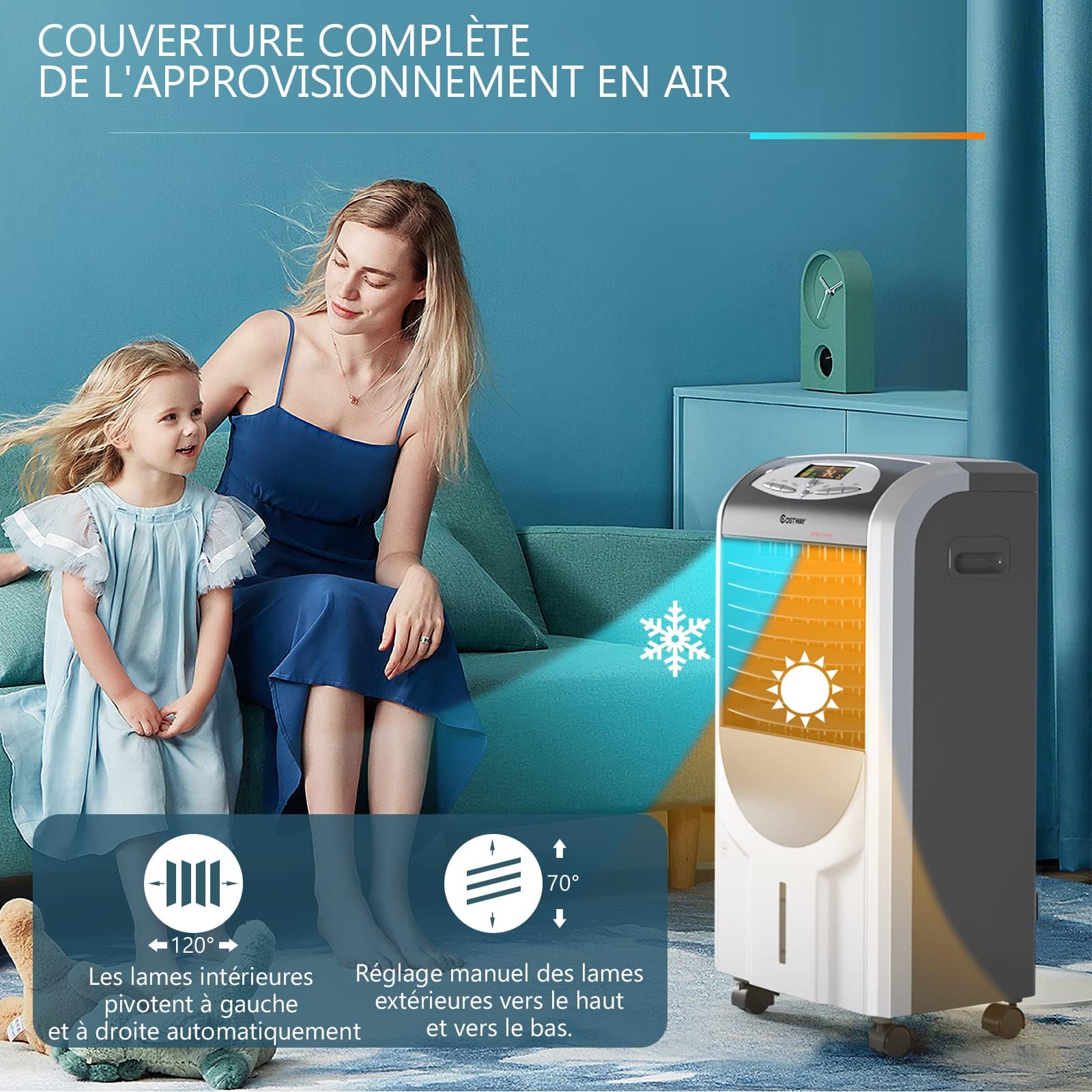 RELAX4LIFE 5 en 1 Rafraîchisseur d'Air Mobile Silencieux | Froid/Chauffage/Vent/Déshumi/Purification | Climatiseur Mobile sans Évacuation | Réservoir 7L | Oscillation | 3 Vitesses | Mini Clim Portable