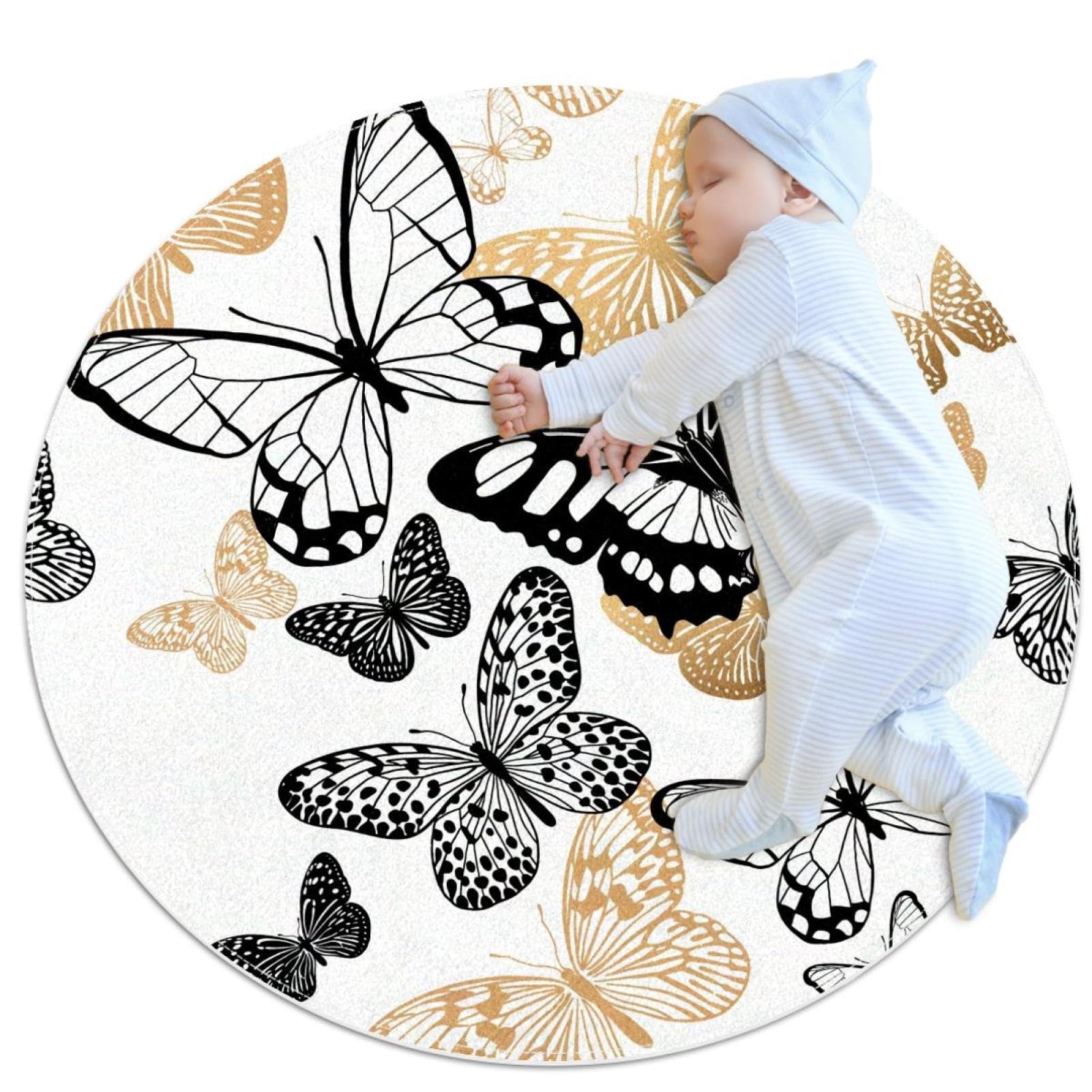 Tapis rond papillon noir et doré 1m antidérapant pour chambre et salon
