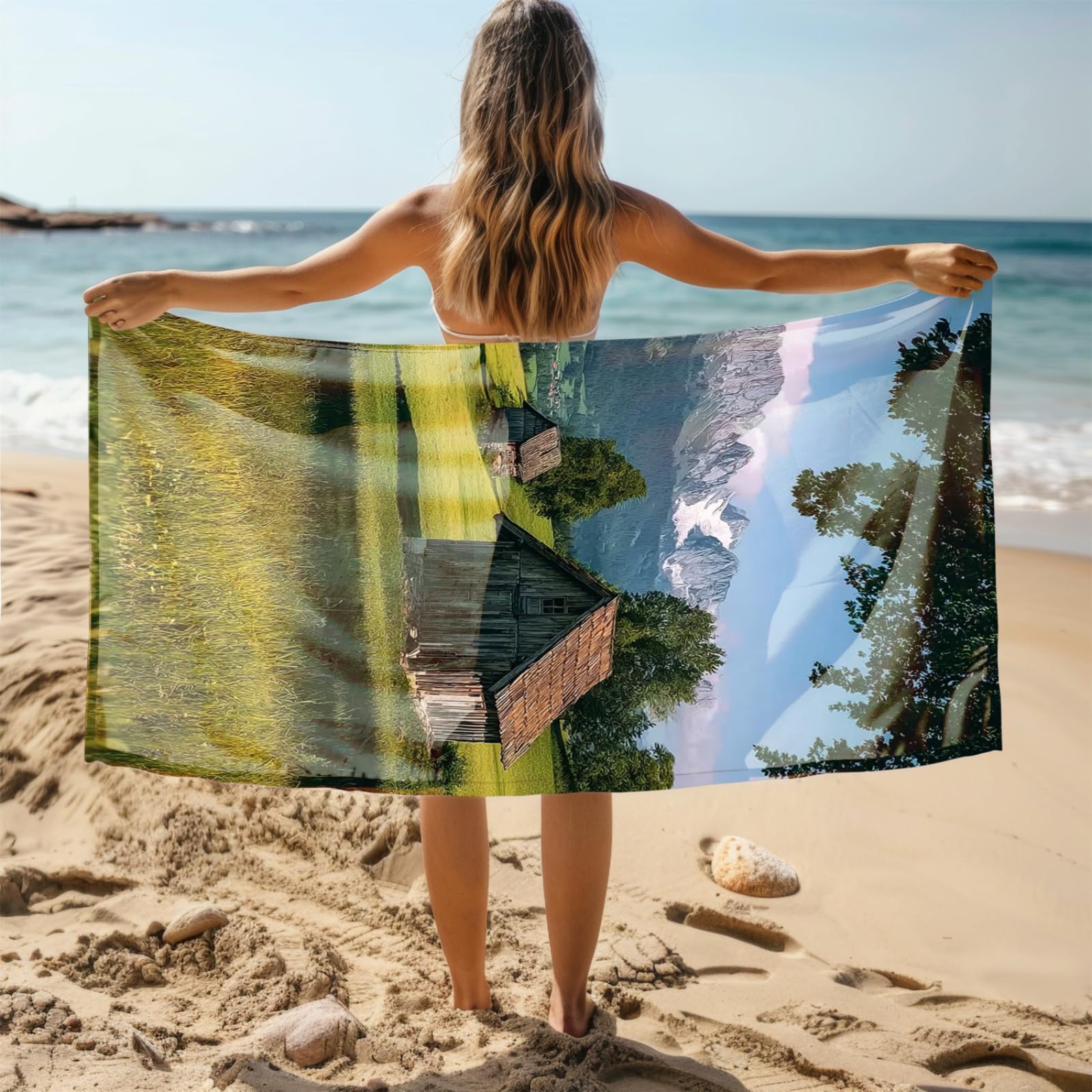 Generico Telo Mare Microfibra 180X90 Casa Verde Marrone Asciugamano da Spiaggia Asciugatura Rapida Telo Mare Antisabbia Morbido e Leggero Adatto Per Yoga in Spiaggia Nuoto