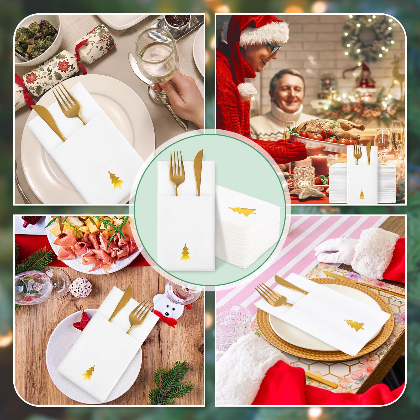 Whaline Lot de 100 serviettes en papier jetables avec poche intégrée pour couverts Motif sapin de Noël Doré