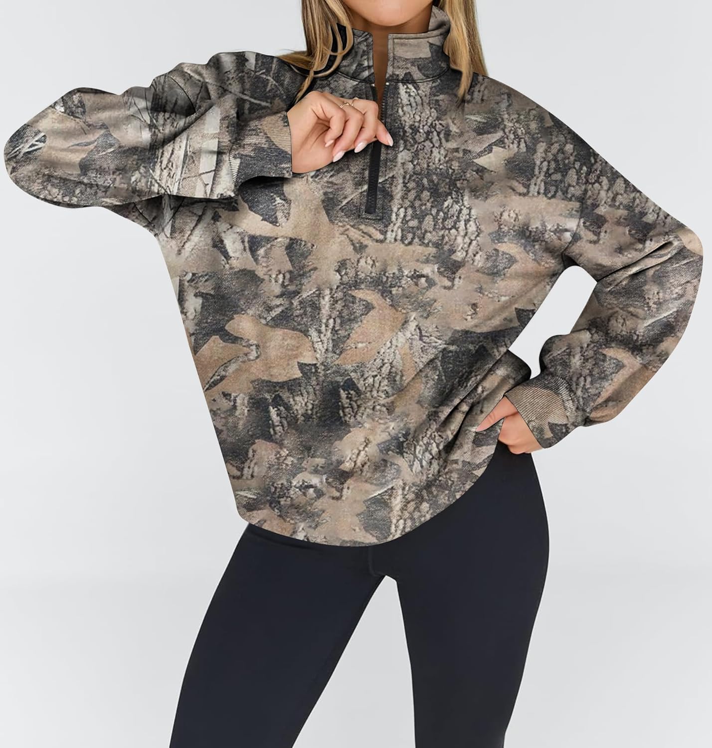 Women Camo Half Zip Fleece Sweatshirt Oversized Maple Leaf Print Mock Neck Long Sleeve Pullover Hunting Hoodies - Image 2