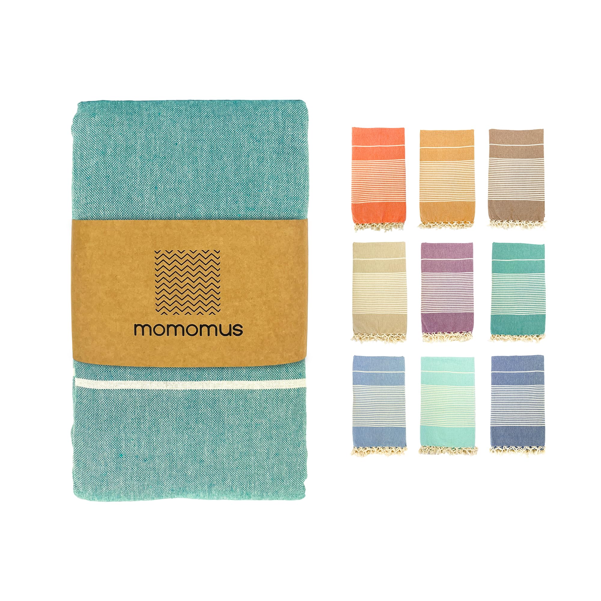 MOMOMUS Fouta Playa XXL, con Flecos y 100% Algodón – Ideal como Toalla de Playa Grande Antiarena, Manta de Picnic sin Arena, Pareo Gigante o Alfombra de Piscina – Verde Mar, 200x220 cm