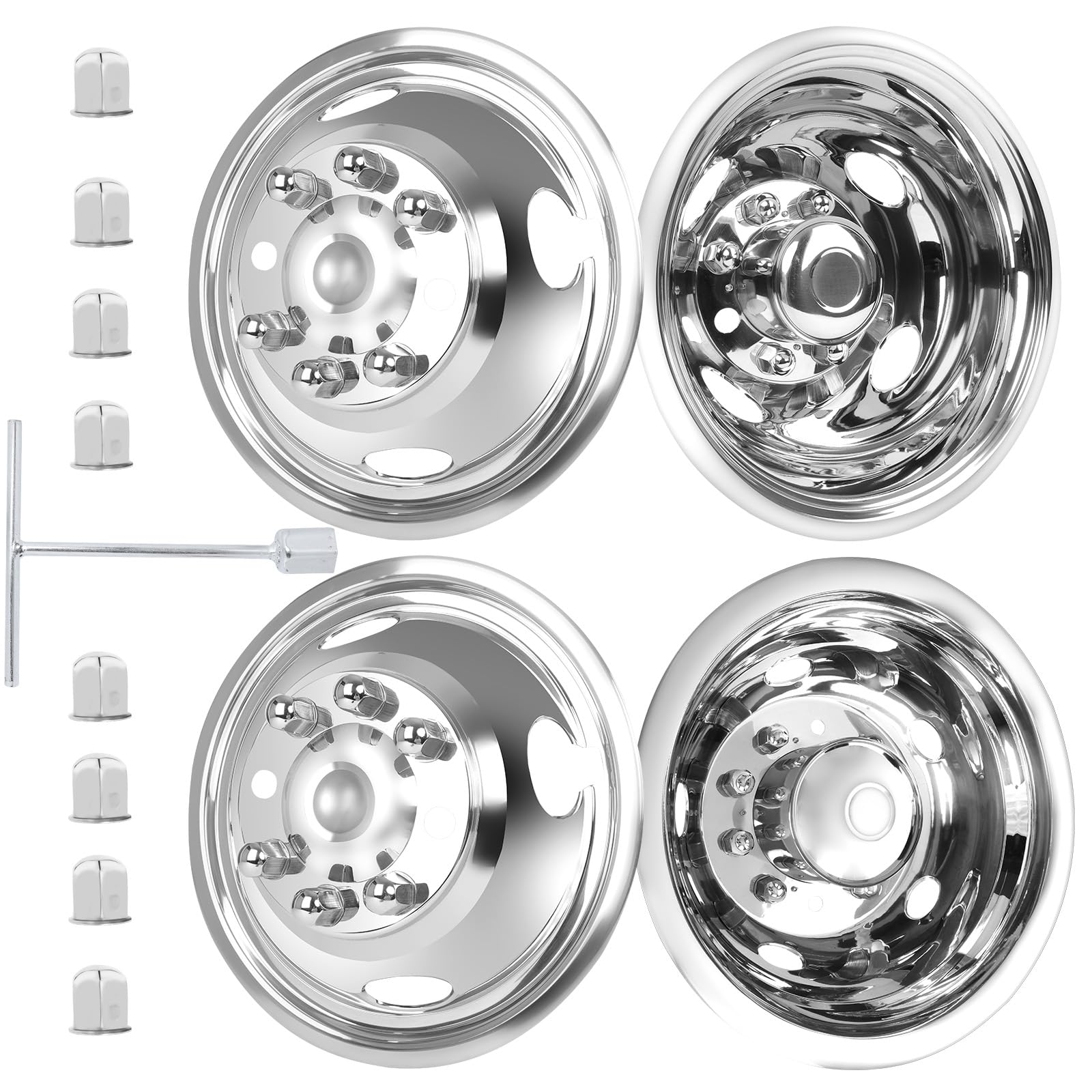 hightall 17 Wheel Simulators, 17" 8 Lug 4 Hand Holes Stainless Steel Hubcaps,Polished Surface,2Pcs Front Wheel/2Pcs Rear Wheel,Bolts On Wheel Cover Set Compatible with Ford 2005-2025 F350 Truck