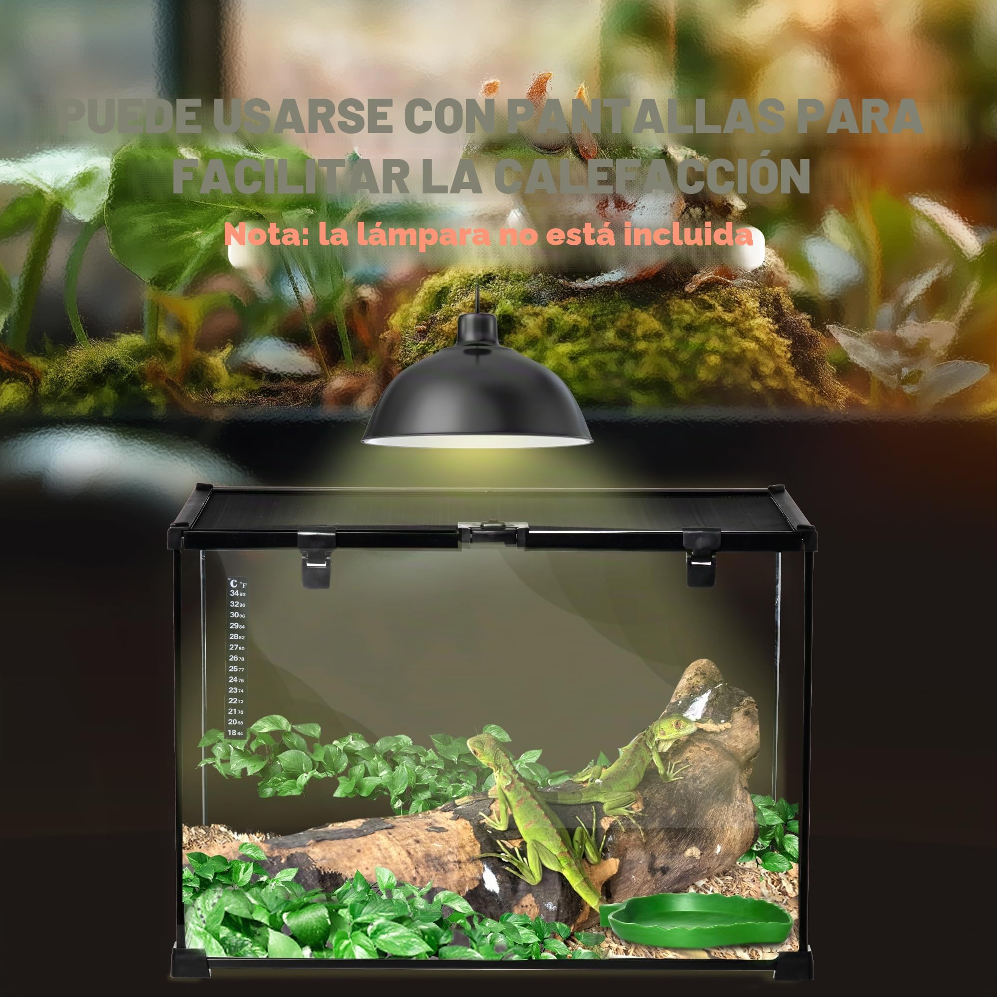 PawHut Caja de Reptiles para Reptiles, terrario, Transparente, Tapa Deslizante, Rejilla metálica, dispensador de Agua, termómetro, Incluye Cristal, Metal, 50 x 30 x 35 cm, Color Negro