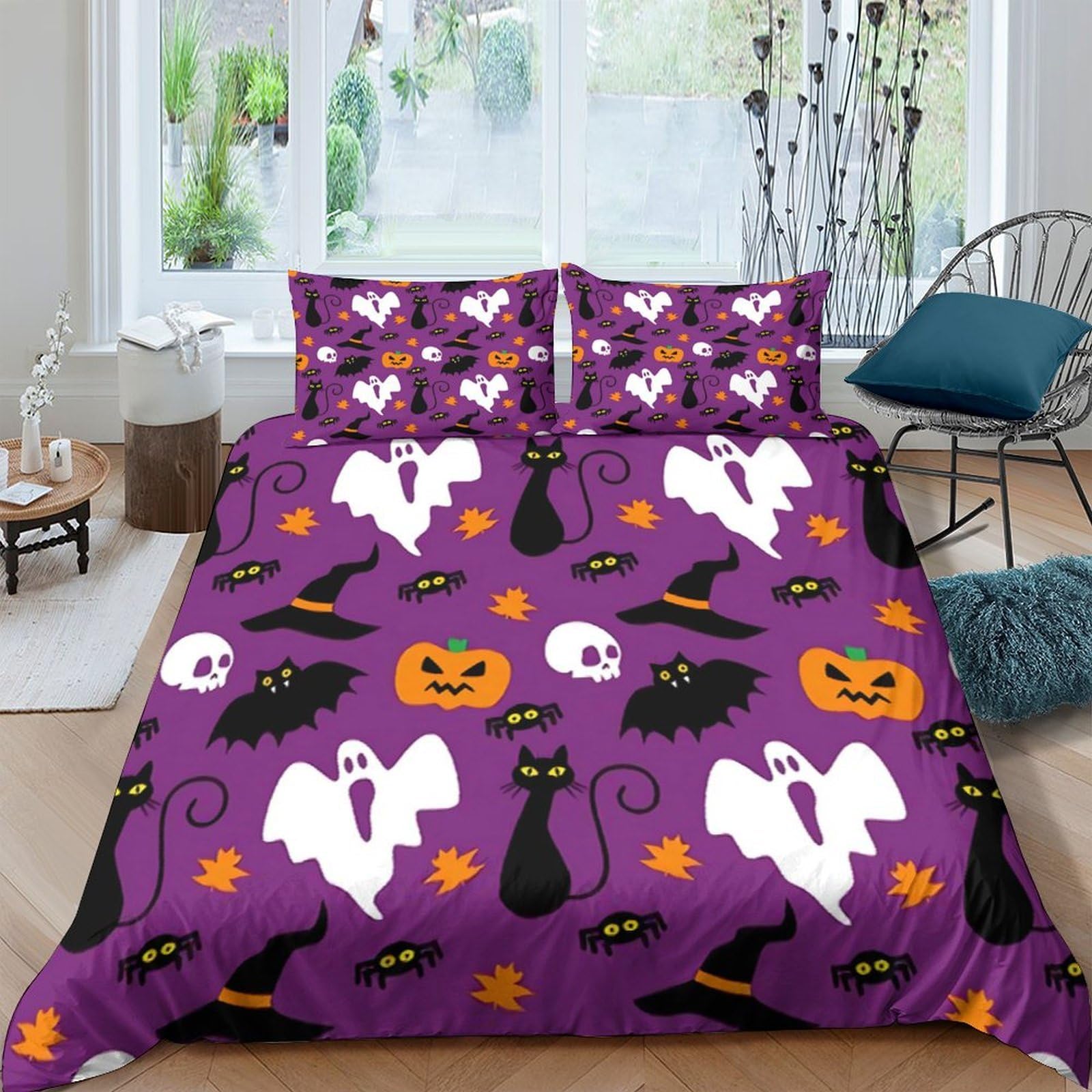 TUFRTGYHN 3D Printed Halloween Ghost Pumpkin Duvet Cover Microfiber Soft Double Bedding Set with 2 Pillowcases for Bedroom Decor Single（135x200cm）
