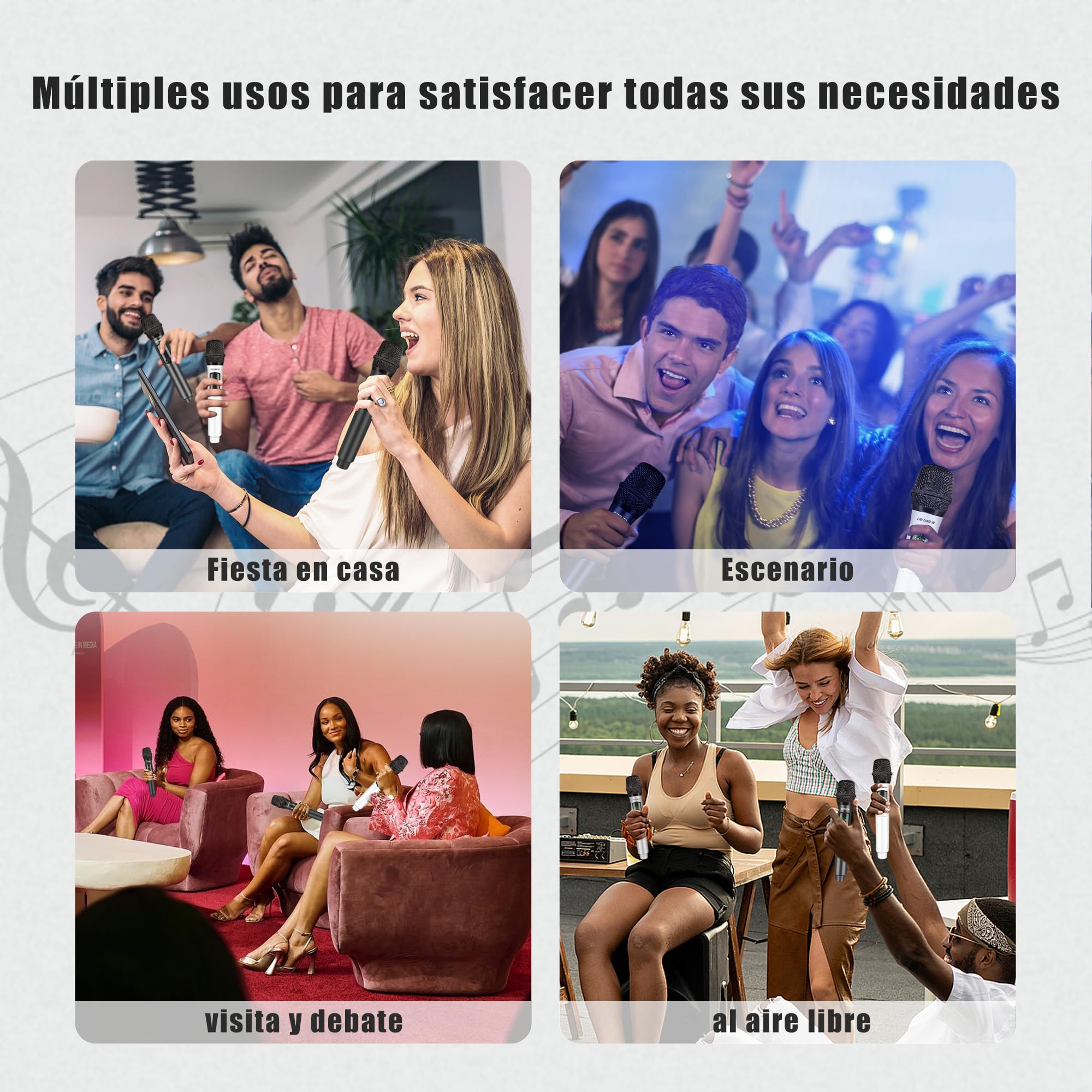 talomen Micrófono inalámbrico Profesional, Sistema cuádruple 2.4 GHz, micrófono dinámico Recargable con Receptor, Alcance de 160ft, Ideal para Karaoke, Canto, Fiestas, K604 Blanc, Argent, Gris, Noir