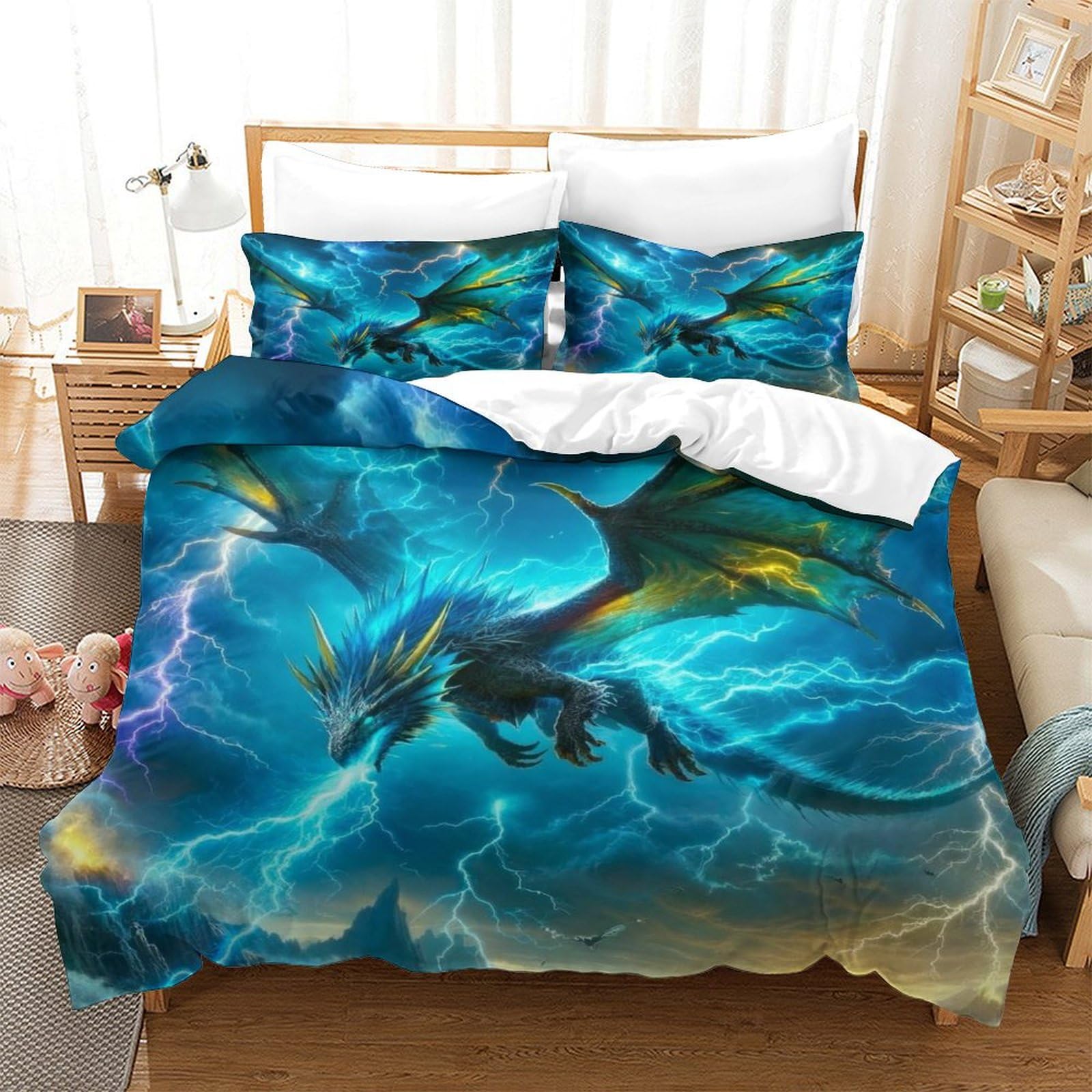 TNFHSOFT Flying Dragon Bedding Duvet Cover Set Soft Microfiber Kids Boys Girls Aldult Bedding Set 3d Printe Quilt Cover Set with Zipper Closure with Pillwocase Single（140x200cm）