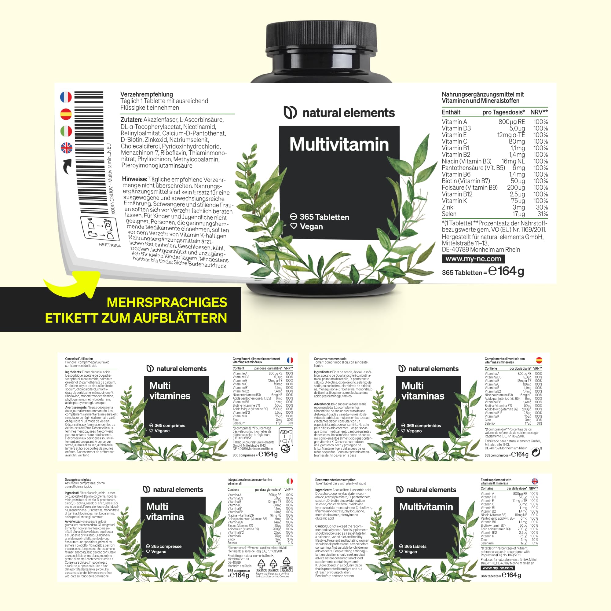natural elements Multivitamin – 365 vegane Tabletten – Jahresvorrat – wertvolle Vitamine A-Z, mit Vitamin K1 und K2 – ohne unnötige Zusätze – in Deutschland produziert & laborgeprüft