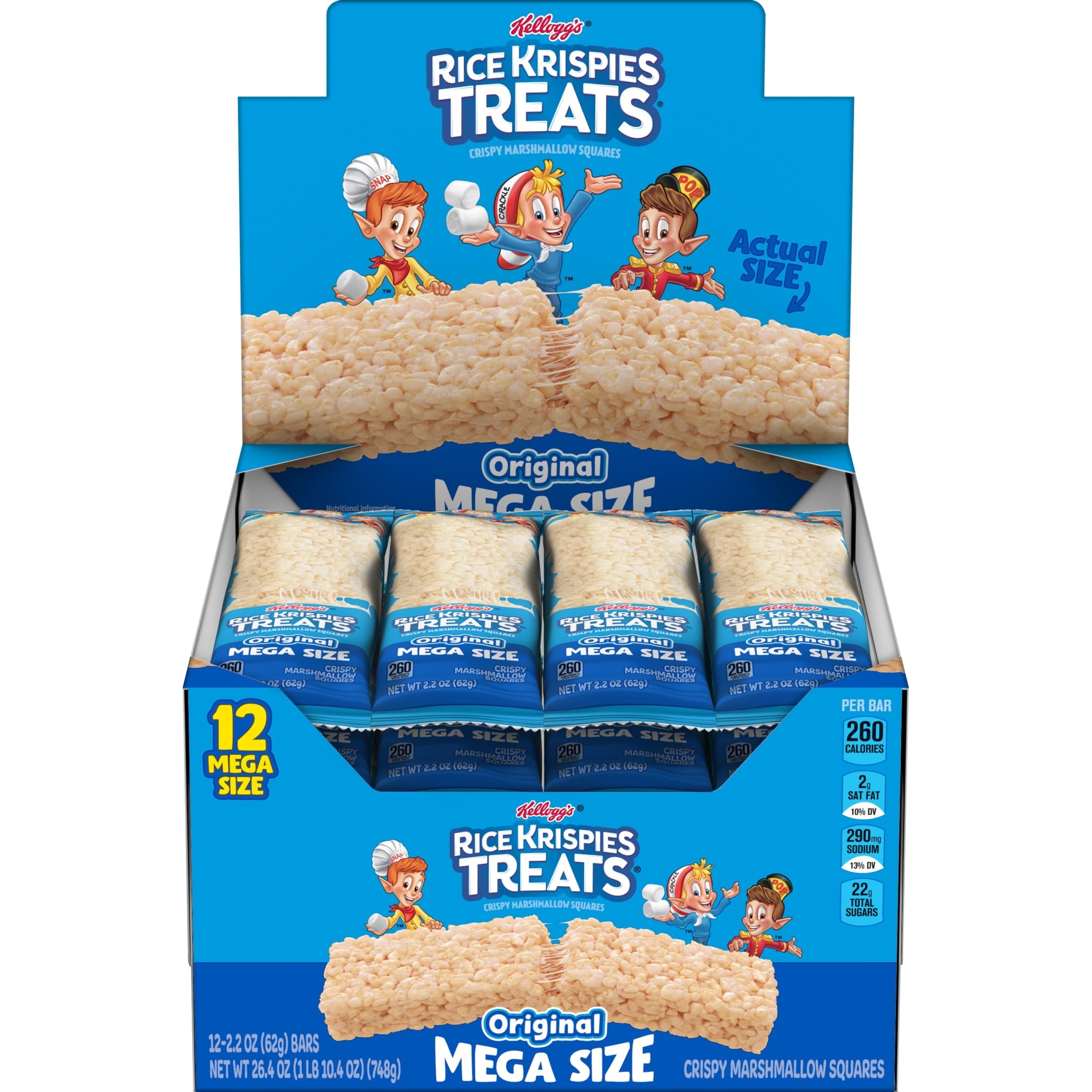 Rice Krispies Treats Mega Bars Duże bary z przekąskami Marshmallow, przekąski dla dzieci, oryginalne, pudełko 750 ml (12 batonów)