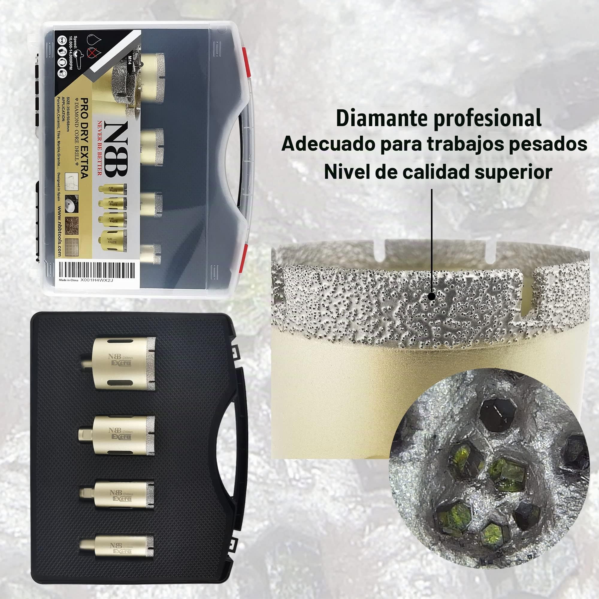 NBB Broca de diamante con M14 corona diamante para taladrar en seco y en húmedo profesionalmente en porcelana dura cerámica baldosas granito mármol azulejo para Amoladora Angular (4, 35/40/50/68mm)