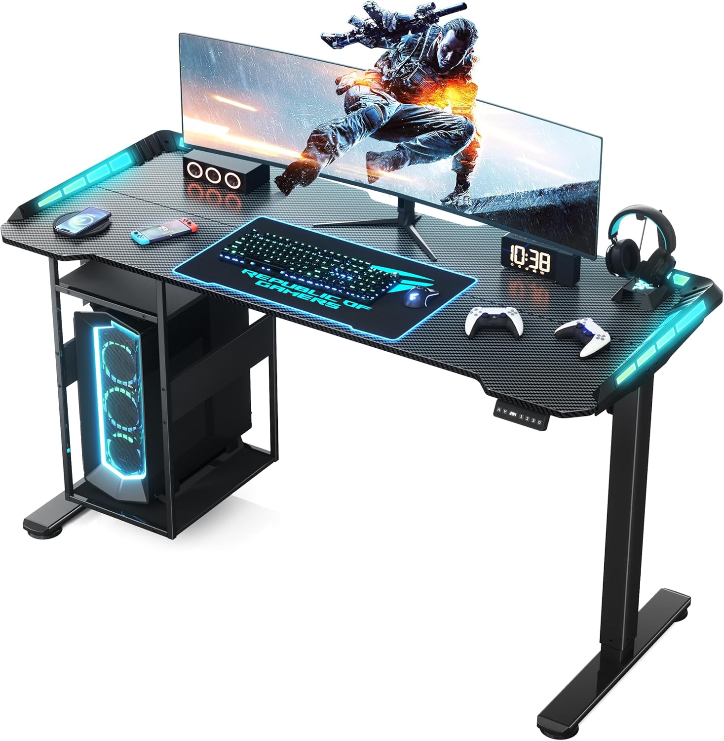 Electric Gaming Desk with LED Lights & Host Shelf, 55" x 24" Gaming Standing Table with Music Sensing APP Control, Underdesk Cable Storage Stand Up Table, Black Carbon Fiber PC Desk for Home Office