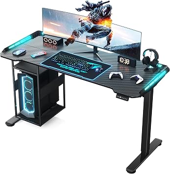 Electric Gaming Desk with LED Lights & Host Shelf, 55" x 24" Gaming Standing Table with Music Sensing APP Control, Underdesk Cable Storage Stand Up Table, Black Carbon Fiber PC Desk for Home Office
