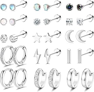 15 Pairs Surgical Steel Cartilage Earrings Set for Women Men 20G Tiny Stud Earrings Cubic Zirconia Hoop Huggie Earrings Screw Flat Back Earrings Tragus Daith Helix Earrings Piercing Jewelry