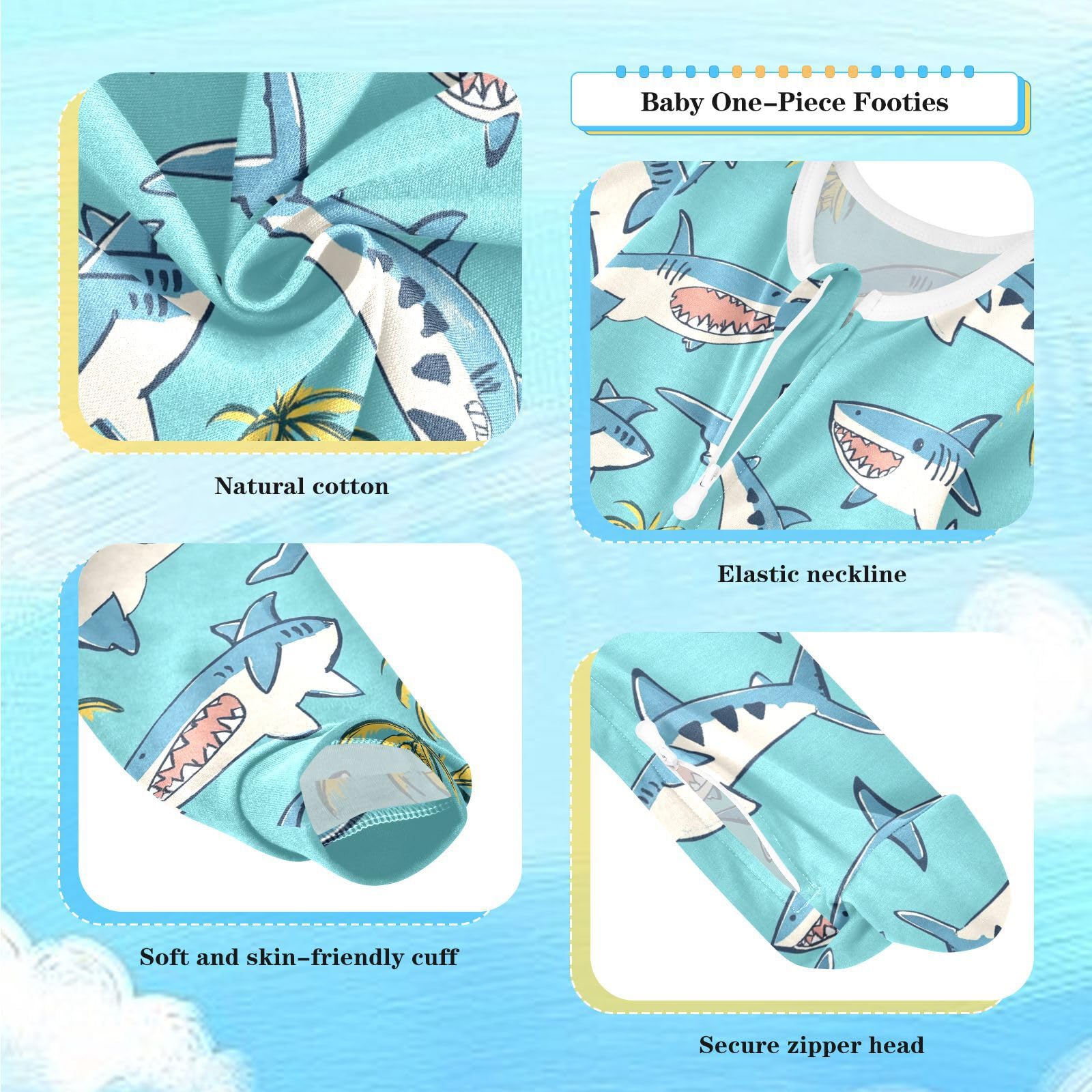 Wusikd Cute Shark One-Piece Footies Palm Tree Bodysuit Rompers Zipper for Boys Girls 12M