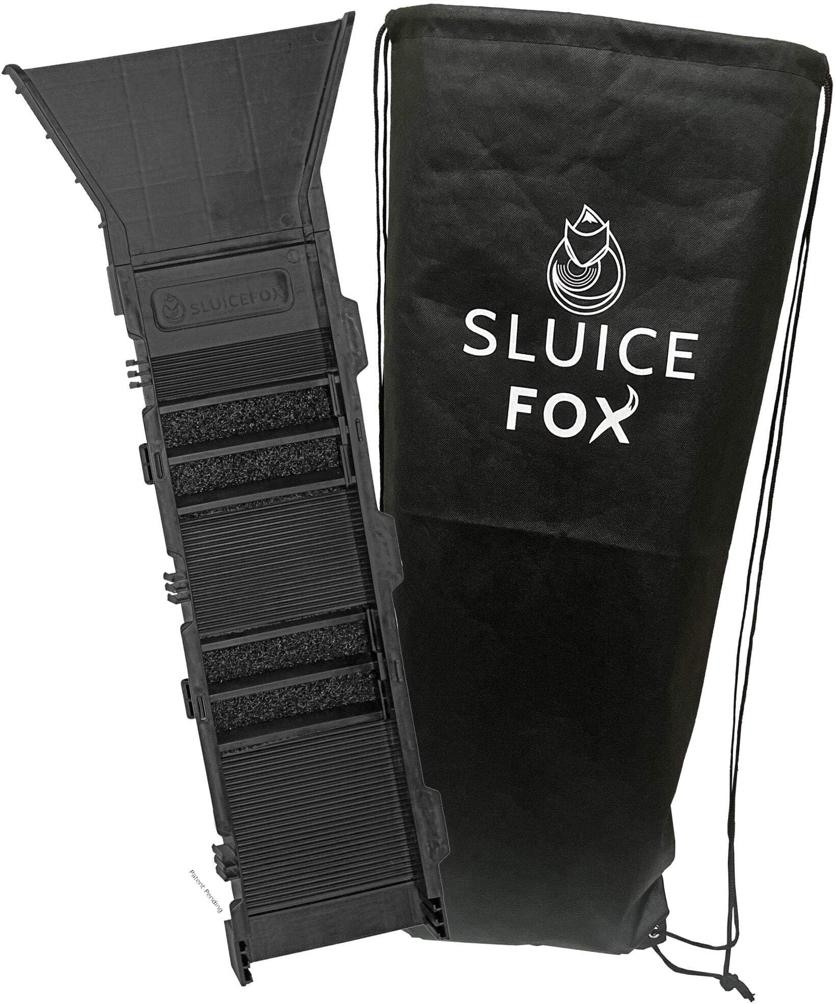 Portable sluice box for gold mining and prospecting; includes miner's moss, Hungarian style riffles, and deep V riffles. Essential tool for gold panning kits