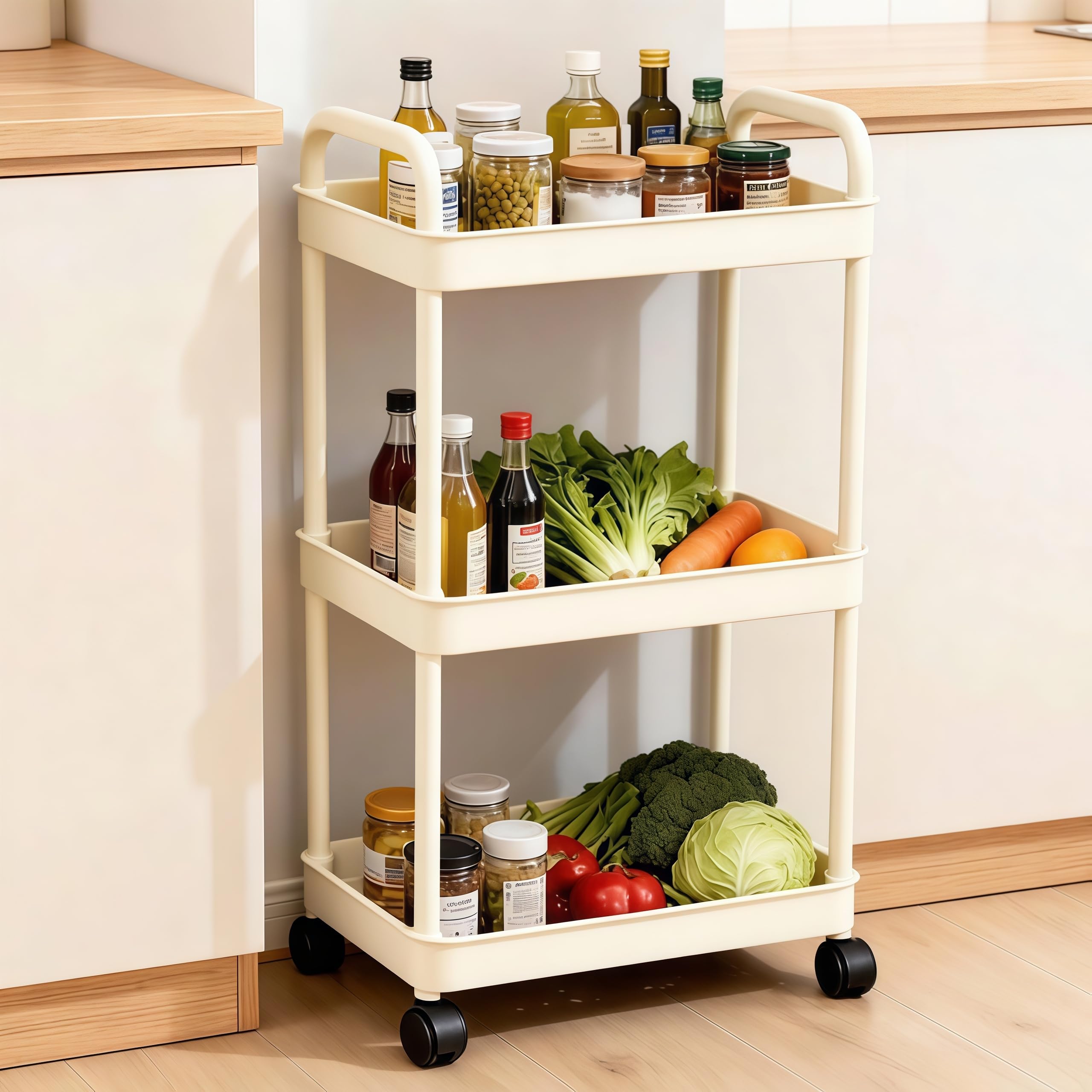Plastic Rack for Storage Multipurpose, 𝟑-𝐓𝐢𝐞𝐫 Sturdy Plastic Vegetable Stand, Slim Kitchen Trolley with Wheels, Hooks, Onion Potato Rack for Kitchen, Bedroom, Living Room, Bathroom,White-image-4