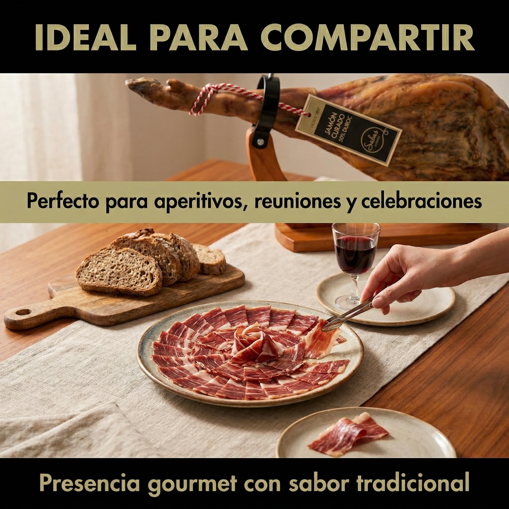 SABE A SABAS Jamon Curado 50% Duroc Gran Reserva Pieza Entera 8 kg Bodegas Curacion Natural Sin Gluten Sin LactosaTradicion Desde 1987 Corte Facil Bocadillos Tapas Aperitivos Regalo Gourmet Navidad