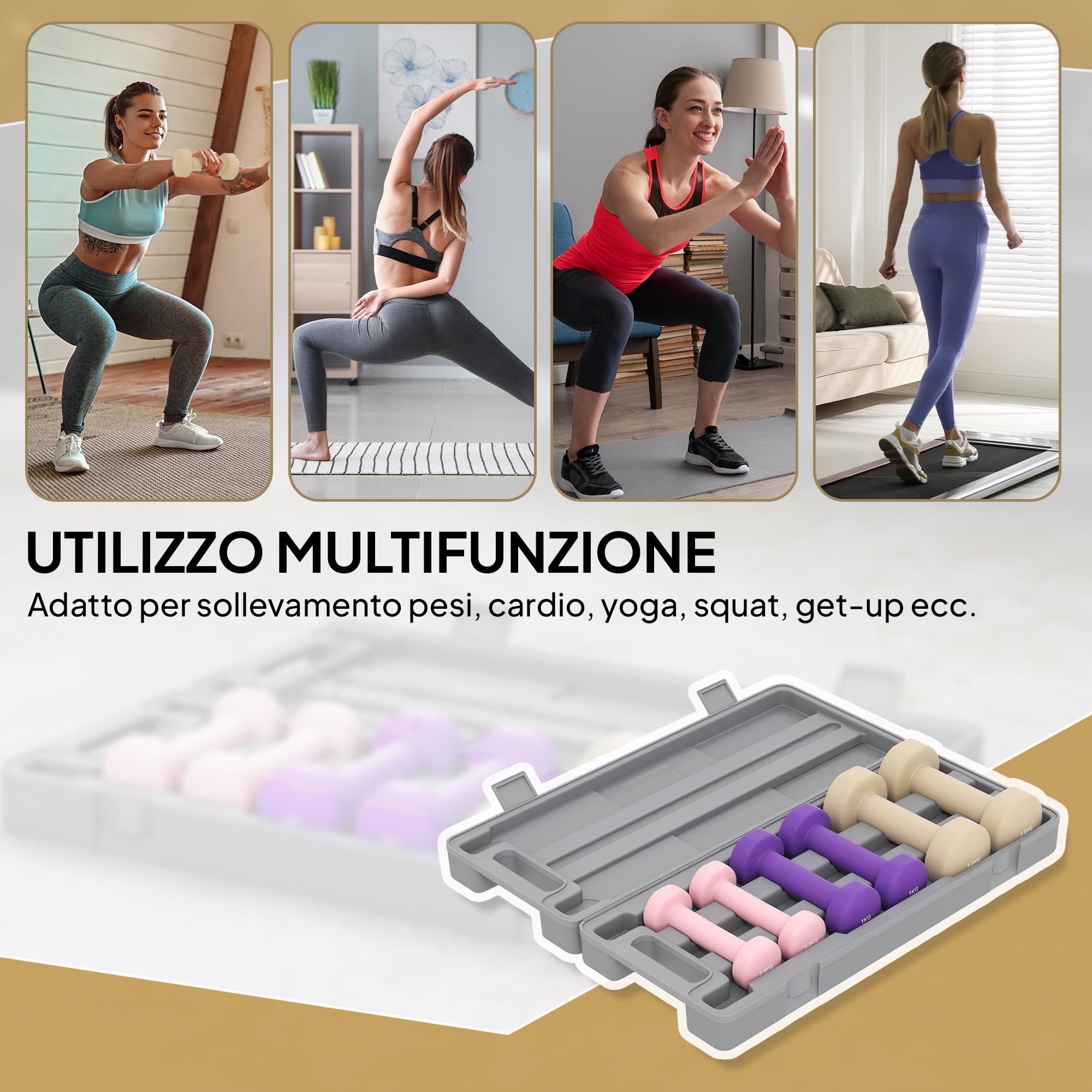 HOMCOM Set di Manubri Palestra 2x0.5/1/1.5kg con Valigetta, Manubri da 6 kg Totali con Impugnatura Antiscivolo, Allenamento Fitness Casa, Rosa, Viola, Marrone