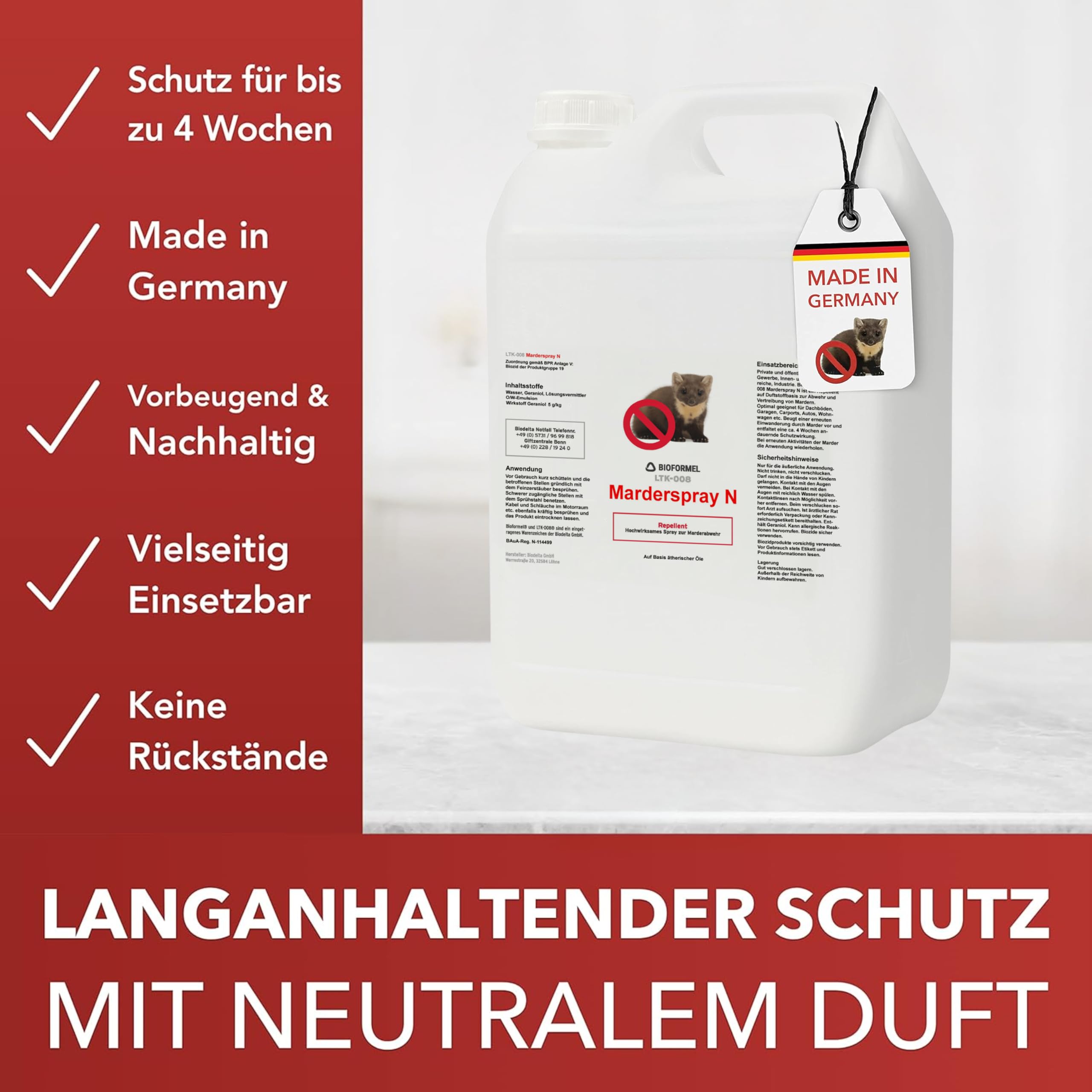 BIODELTA LTK-008 Anti Marder Spray 5 L - Marderschreck - Marderabwehr mit Langzeitwirkung - Marderschutz - Vertreibt Marder ohne zu schaden - Blumenduft- fleckenfrei
