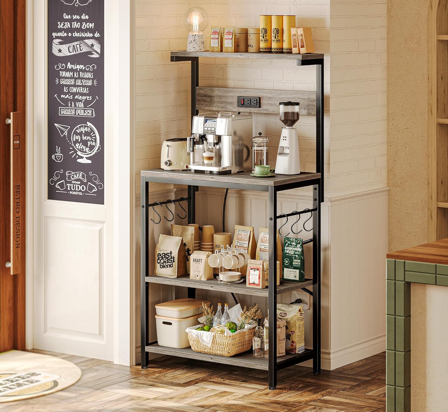 superjare kitchen bakers rack with power outlet, coffee bar table 4 tiers, kitchen microwave stand with 6 s-shaped hooks, kitchen storage shelf rack for spices, pots and pans - greige 23.6 inch greige