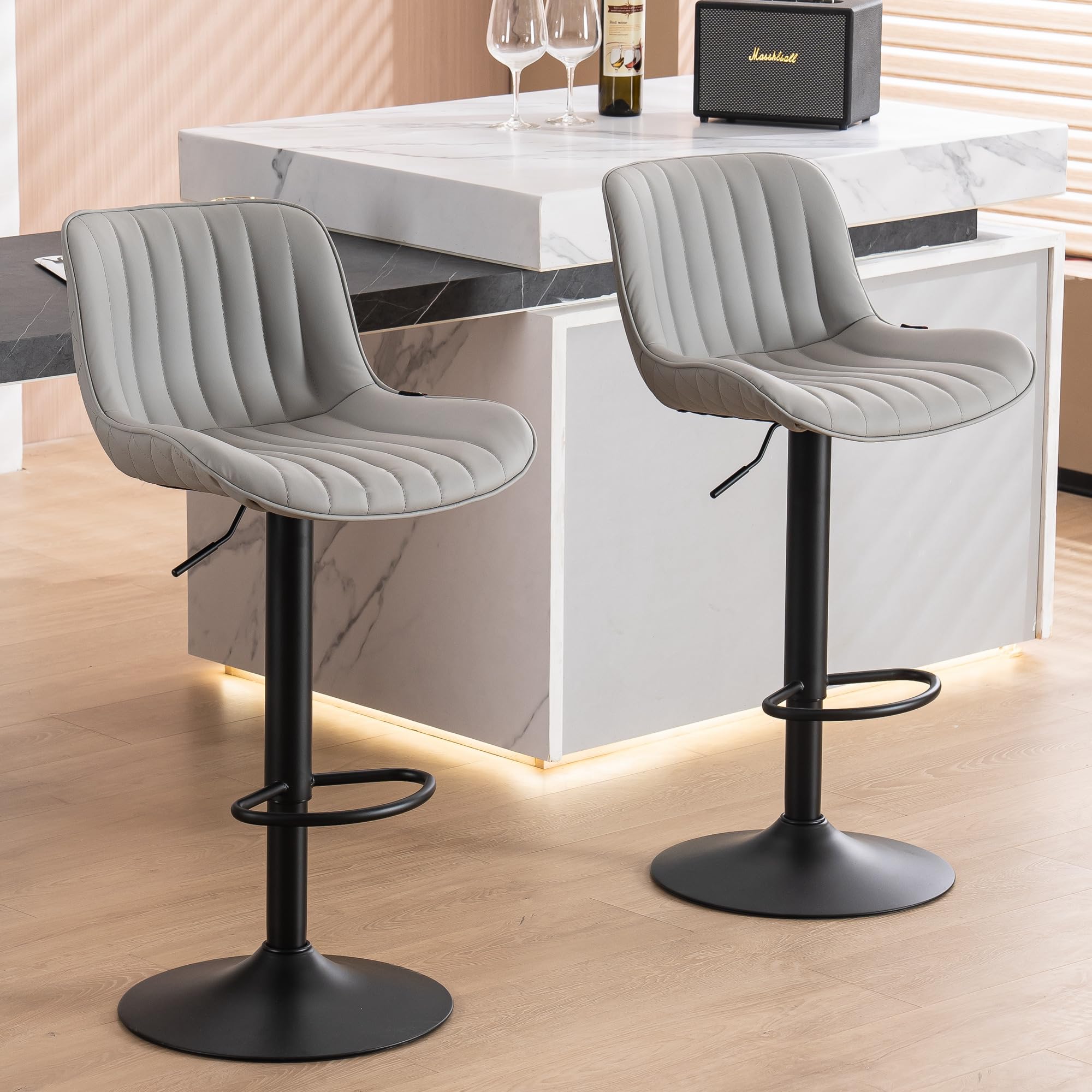 YOUNUOKE Grey Upholstered Bar Stools Set of 2 Counter Height Modern Adjustable Swivel Bar Chairs with Backs Mid Century PU Leather Padded Barstool for Home Kitchen Island