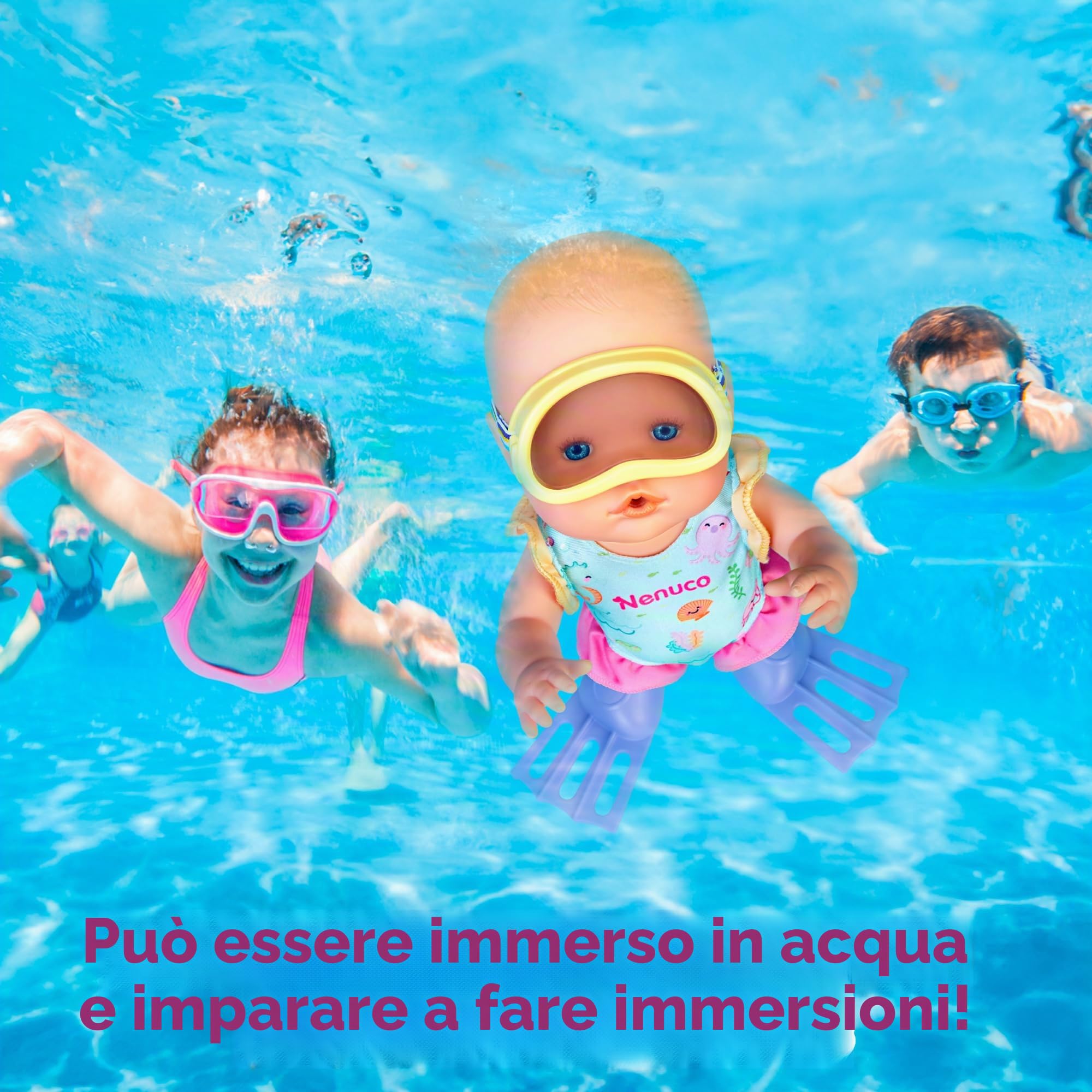 Nenuco Impara ad immergersi, bambola meccanica 35 cm, muove le gambe, nuova avanti e indietro, con costume da bagno, pinne e occhialini, per bambine/I dai 2 anni, Famosa NFN75000