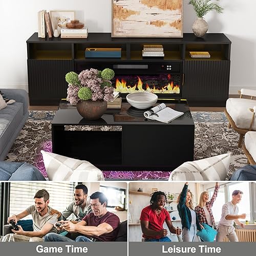 Miniatura 5 de COSVALVE Mesas de centro negras LED de 43.3 pulgadas para sala de estar con luces LED de 16 colores, mesa de centro moderna con cajón de
