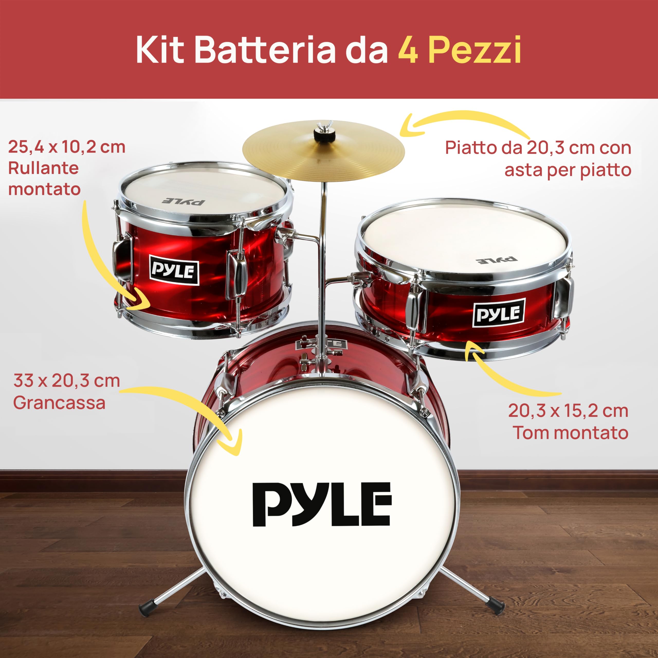 Pyle Set di Batteria per Bambini, Kit Iniziale 3 Pezzi con Grancassa da 33 Centimetri, Rullante, Tom, Piatti e Bacchette Batteria