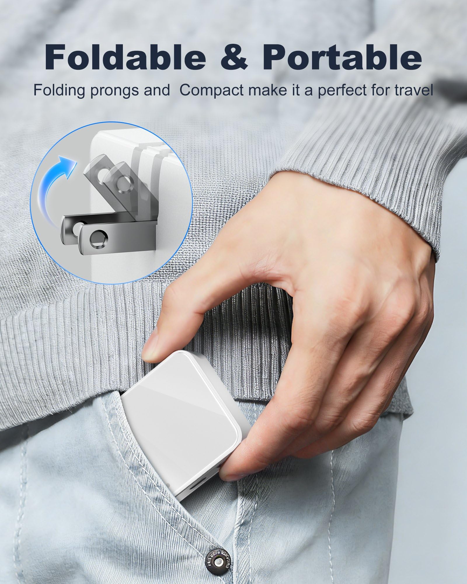Bloque de cargador de pared USB de 30 W, enchufe de carga USB C plano ultra fino, adaptador de corriente USB plegable para iPad, iPhone 15/16, modelos Samsung, enchufe de salida de carga rápida de 30