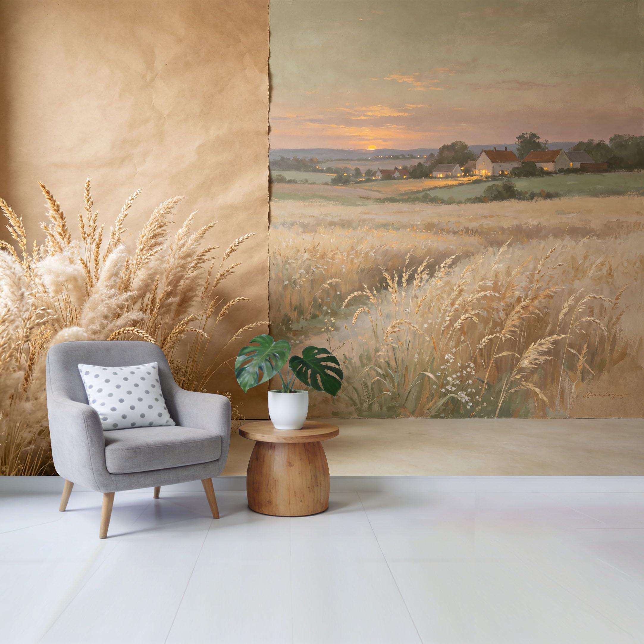 Qzlithotic Yq2605250996 Custom Size Wall Mural Rustic Wheat Field Sunset Landscape Oil Painting Style Selfadhesive Wall Fabric Removable Wallpaper For Home Office Decor