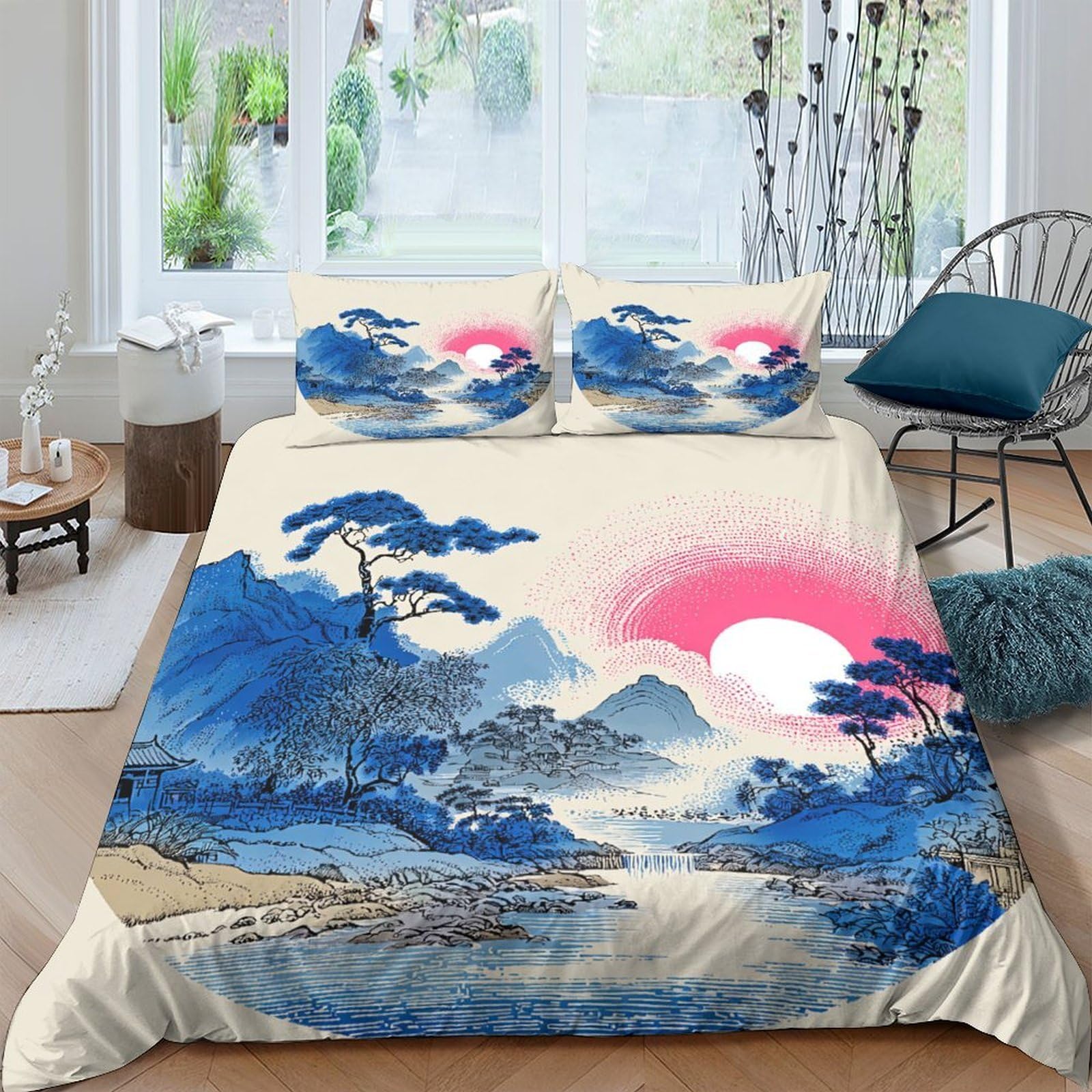 Ctjqhvkz Style-8 3D Printed Japanese Ink Landscape Fitted Sheet Microfiber Blue Sunrise Mountain Mattress Cover Bedroom Decor Single（135X200cm）