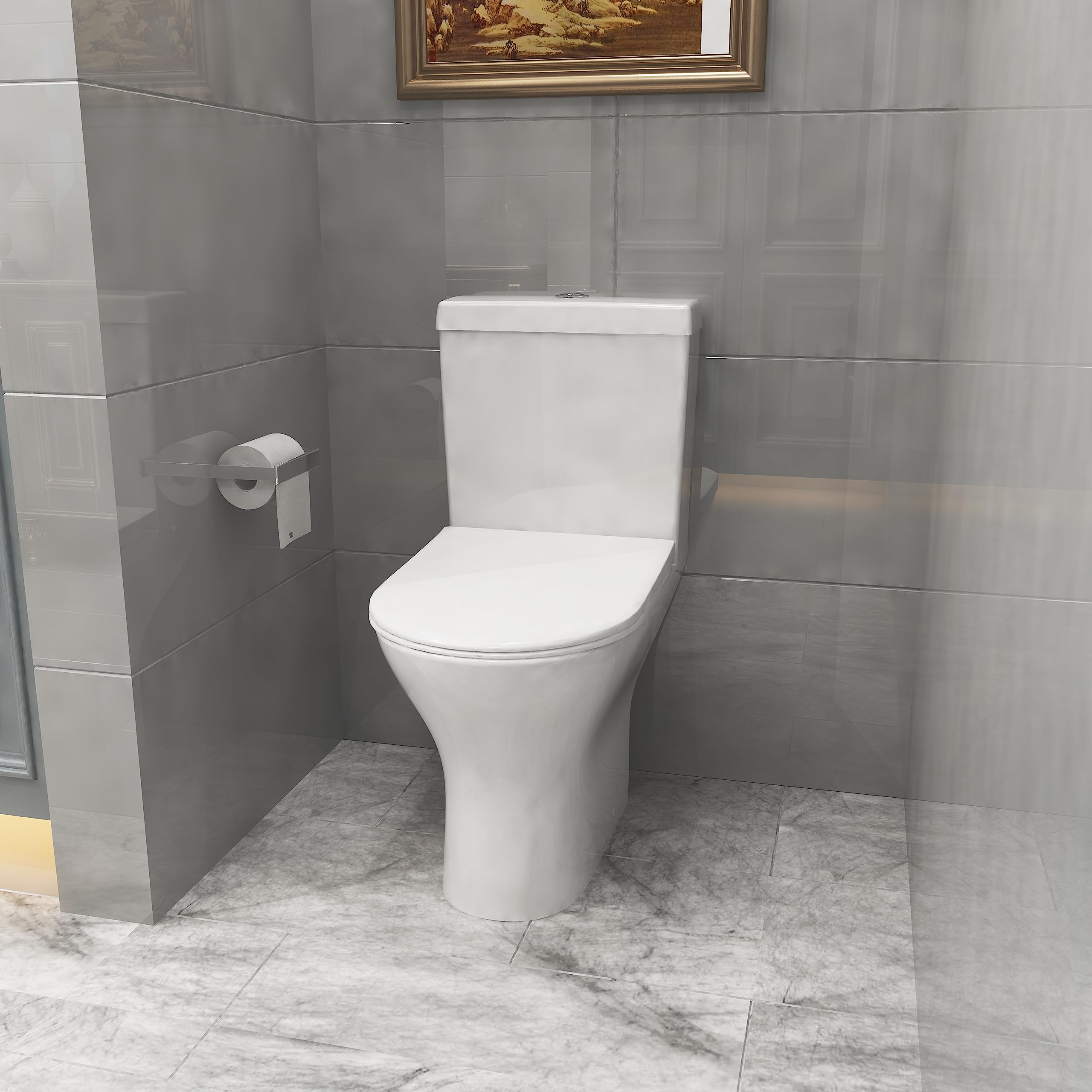 Biubiubath Round Toilet Close Coupled Soft Close Seat Cistern Modern Bathroom WC Pan
