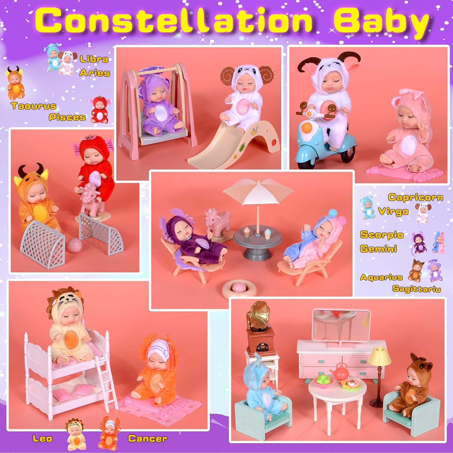 dollbie 12 Pack Mini Baby Dolls - 4 Inch PVC Collectible Astrology-Themed Figures (12 Unique Constellation Characters, for Kids & Collectors)