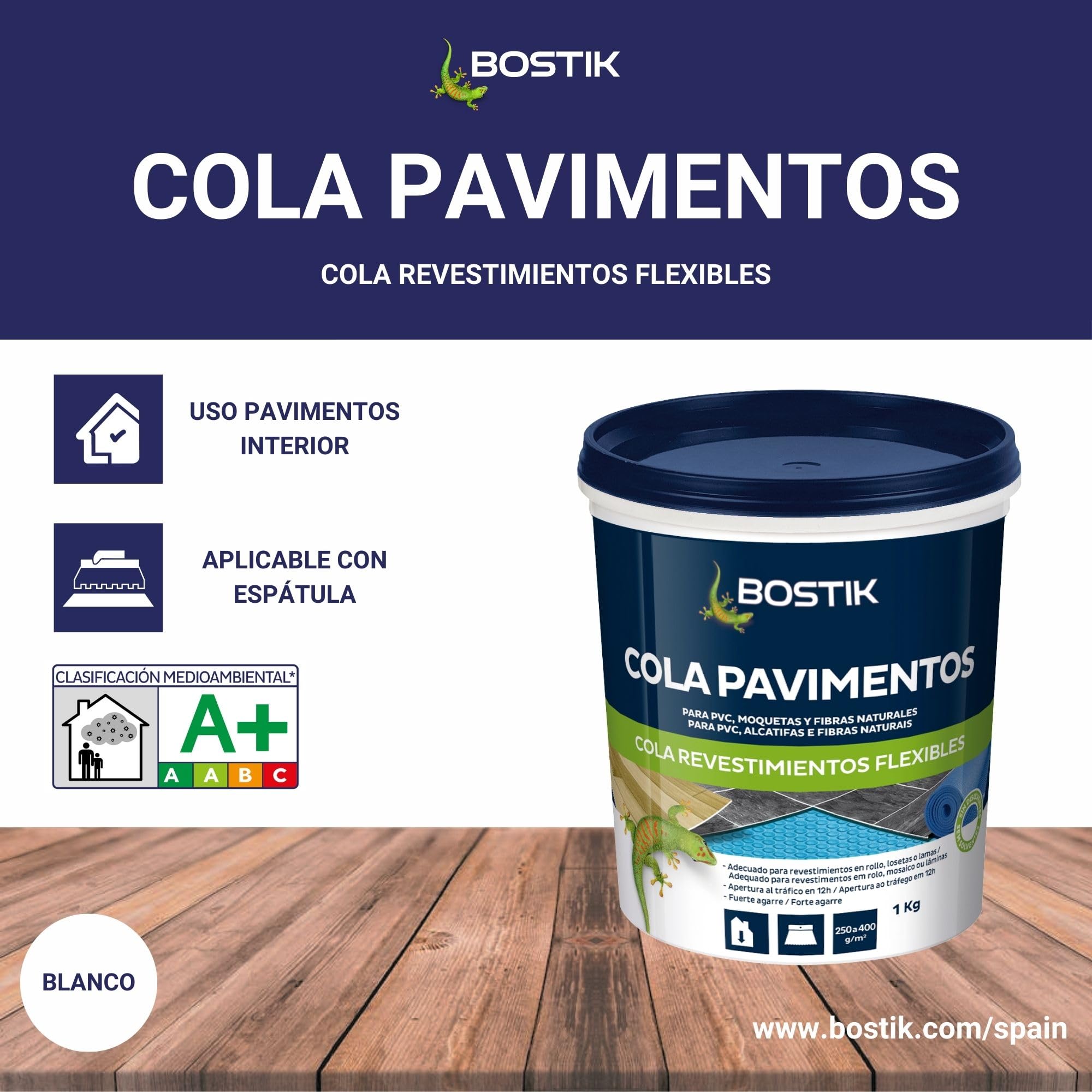 BOSTIK COLA PAVIMENTOS Blanco, Cola Acrílica, Fácil de Aplicar, Multimaterial, Elevado Agarre Inicial, Alto Rendimiento, Homologado, Interior, Bote 1 kg
