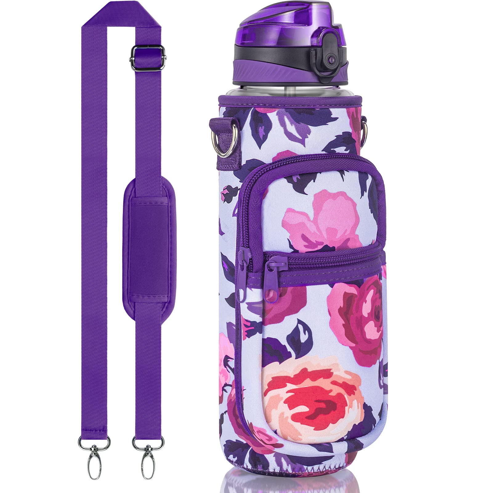 Fimibuke 32 oz Water Bottle with Sleeve - BPA Free Leakproof Sport Large 1L Plastic Motivational Water Bottle with Straw Strap & Insulated Neoprene Holder Carrier Bag Great Xmas Gift for Women Men