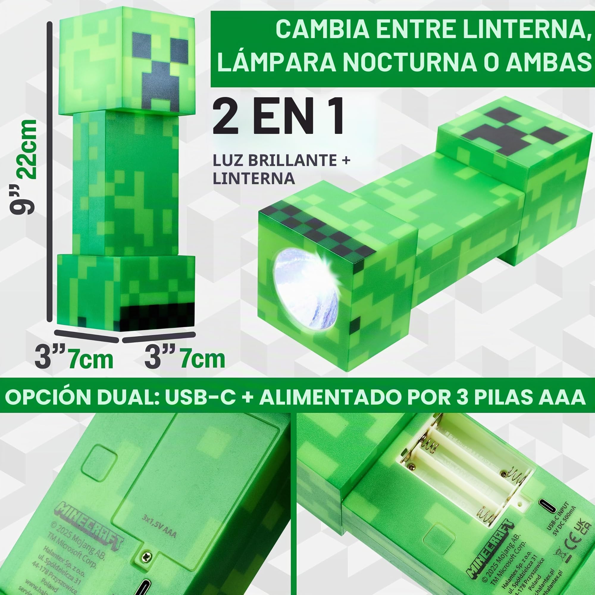 Minecraft Linterna Infantil Creeper, Luz LED 2 en 1, Luz Nocturna y Antorcha USB o Pilas, Decoración Gamer, Regalo para Niños