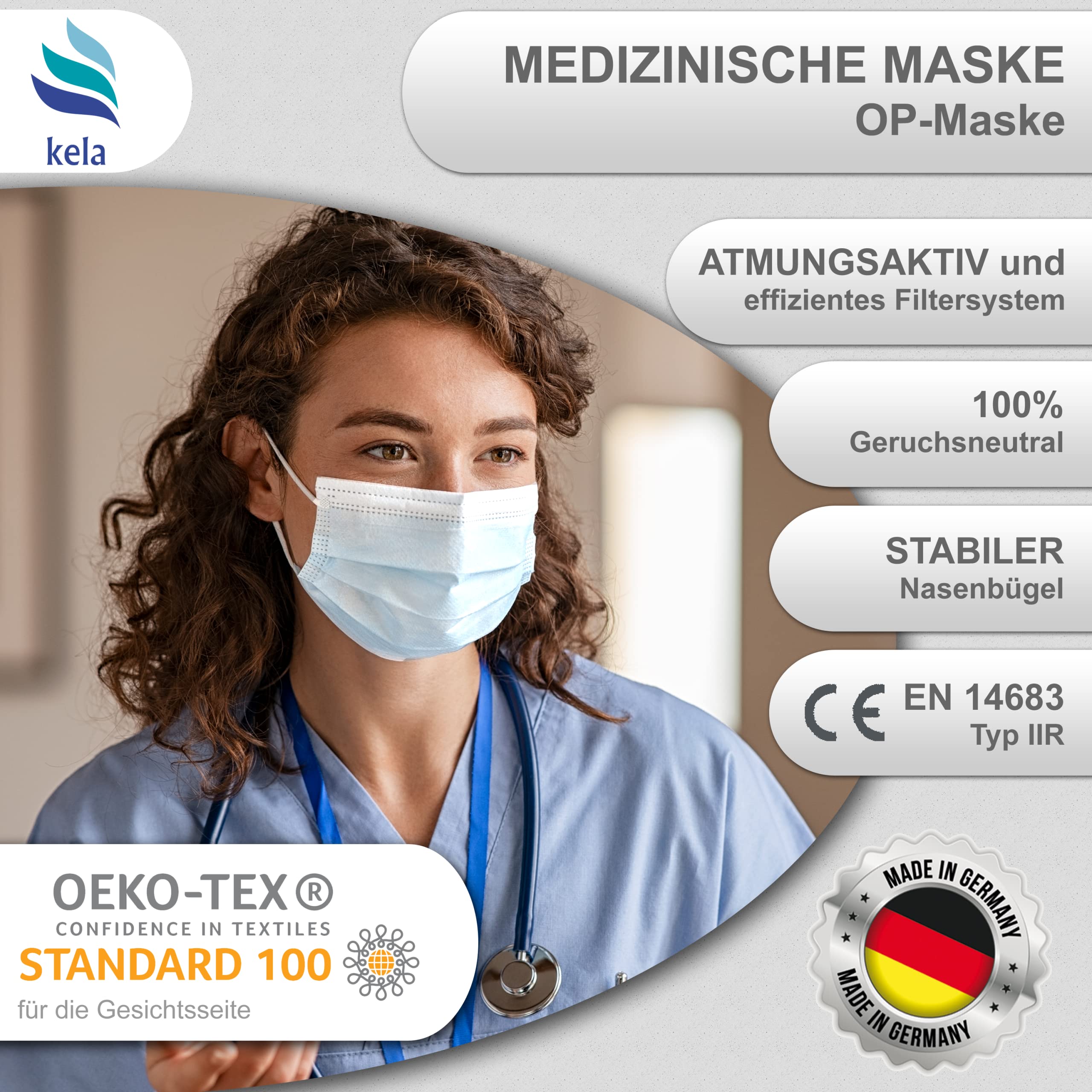 kela, Mascarillas Quirúrgicas, Blanco, Fabricado en Alemania, Mascarilla Medicas Homologadas para Adultos, Material Oeko-tex, CE DIN EN 14683 Tipo IIR - BFE >99,8%, 3 Capas y Sin Grafeno,