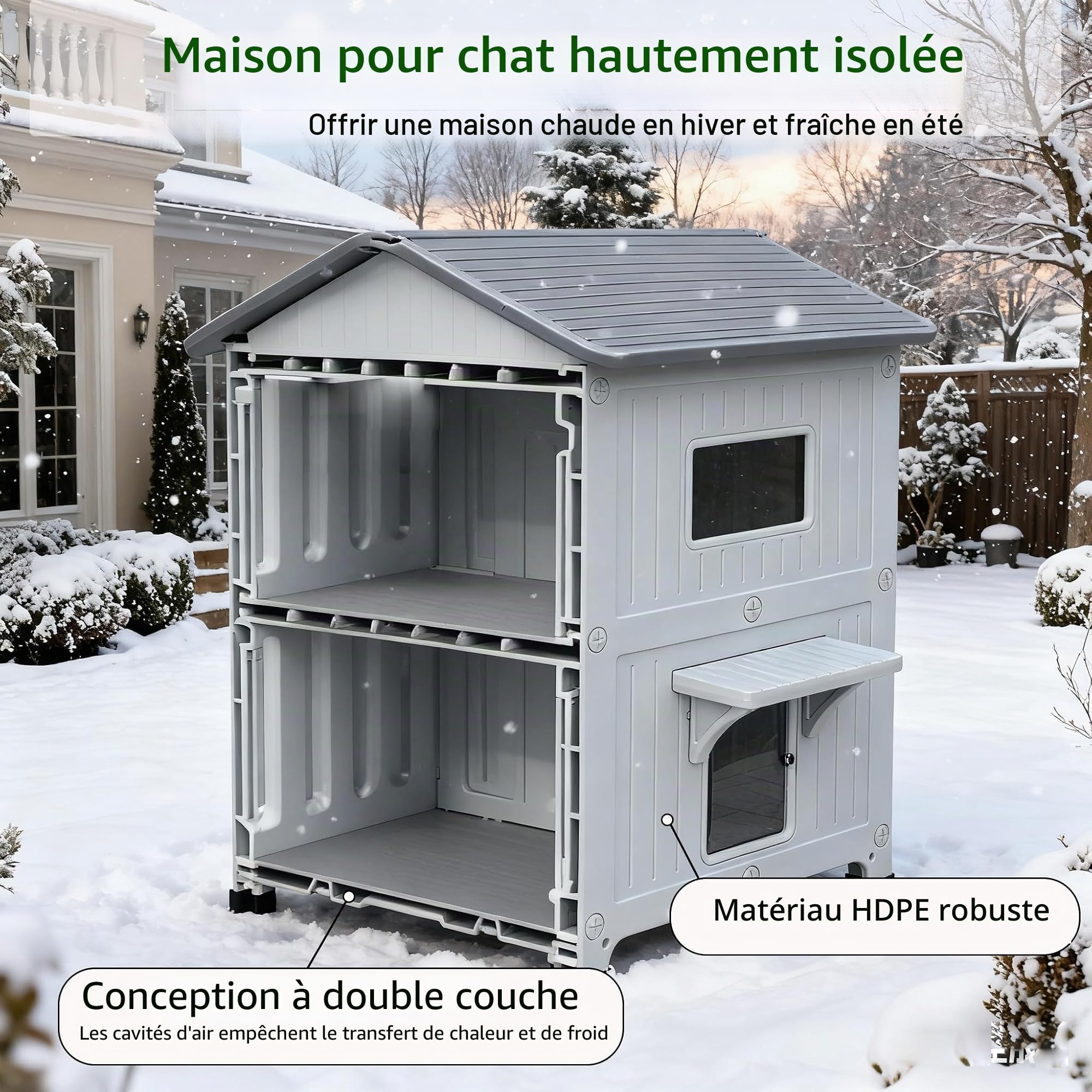 Abri pour chat en plein air à 2 étages avec doublure isolante, abris extérieurs pour chats en plastique résistant aux intempéries avec porte d'échappement HiCaptain