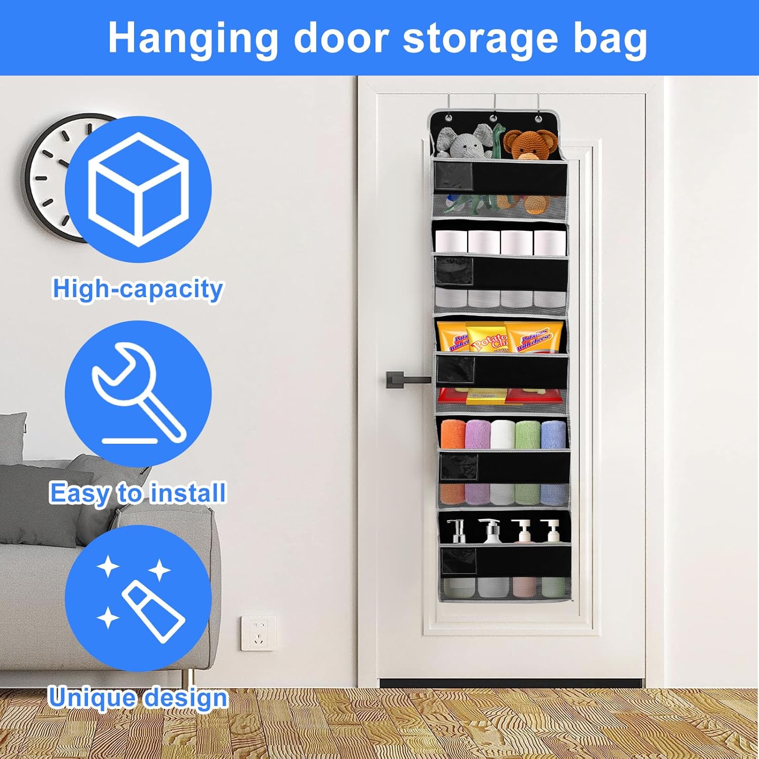 US Behind Door Organizer Organizer with Many Pockets Space-Saving Over The Door Organizer Hanging Storage Organizer for Home(black)