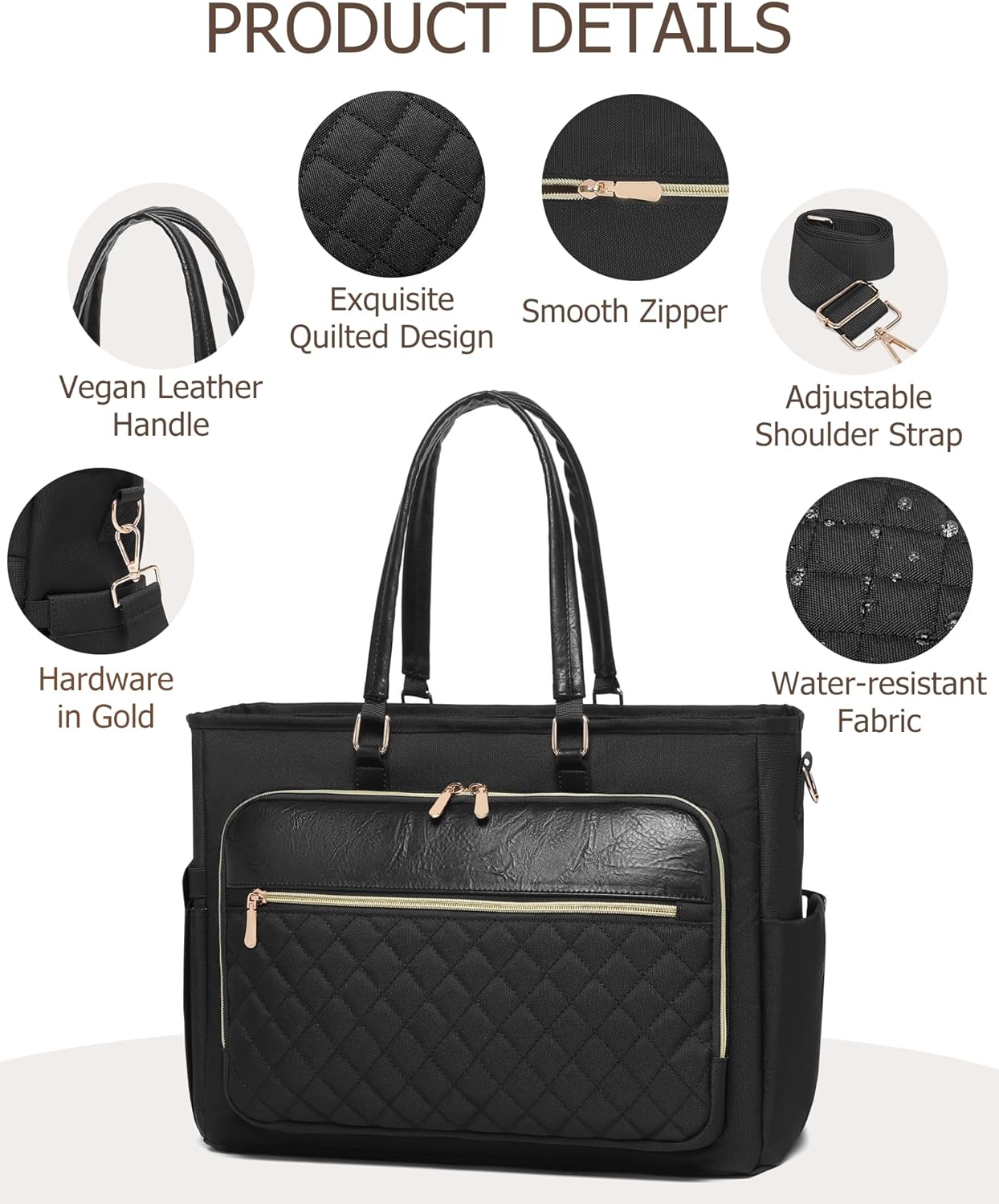 Lunch Tote Bag with 15.6" Laptop Compartment, Quilted Laptop Work Bag with Insulated Compartment 2 Cup Holders for Teacher Nurse Daily Travel