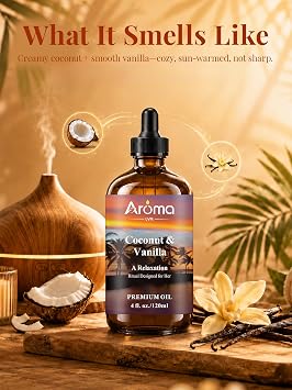 Coconut Vanilla Essential Oil 4fl.Oz - Essential Oils for Diffusers for Home & Aromatherapy - Vanilla Oil for Diffuser, Scented Oils for DIY Soap, Candle Making