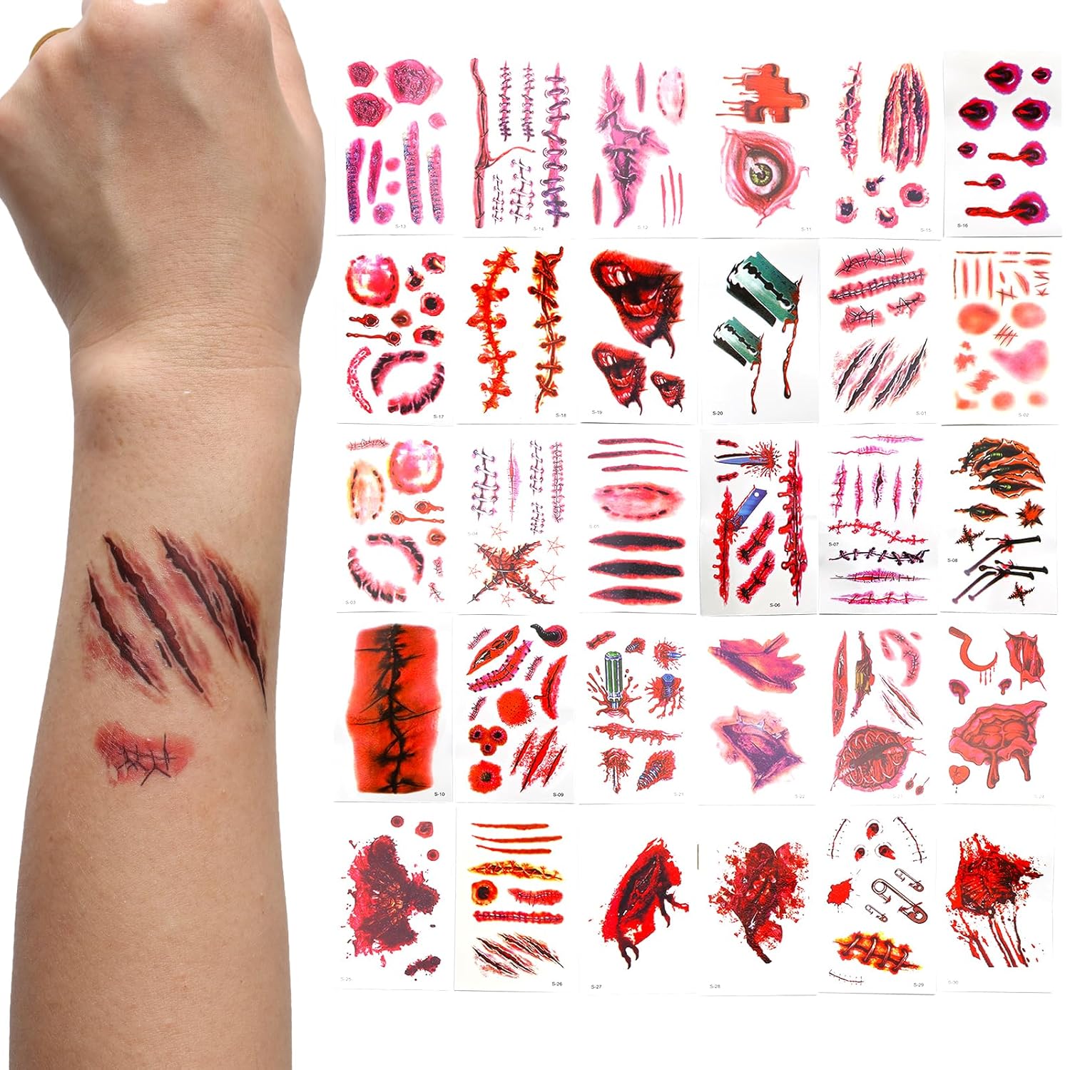 10 Sheets Halloween Zombie Scar Temporary Tattoos?10pcs Fake Bloody Wound Stitch Scar Scab Waterproof Sticker Halloween Masquerade Prank Makeup Props makeup accessories for men and women