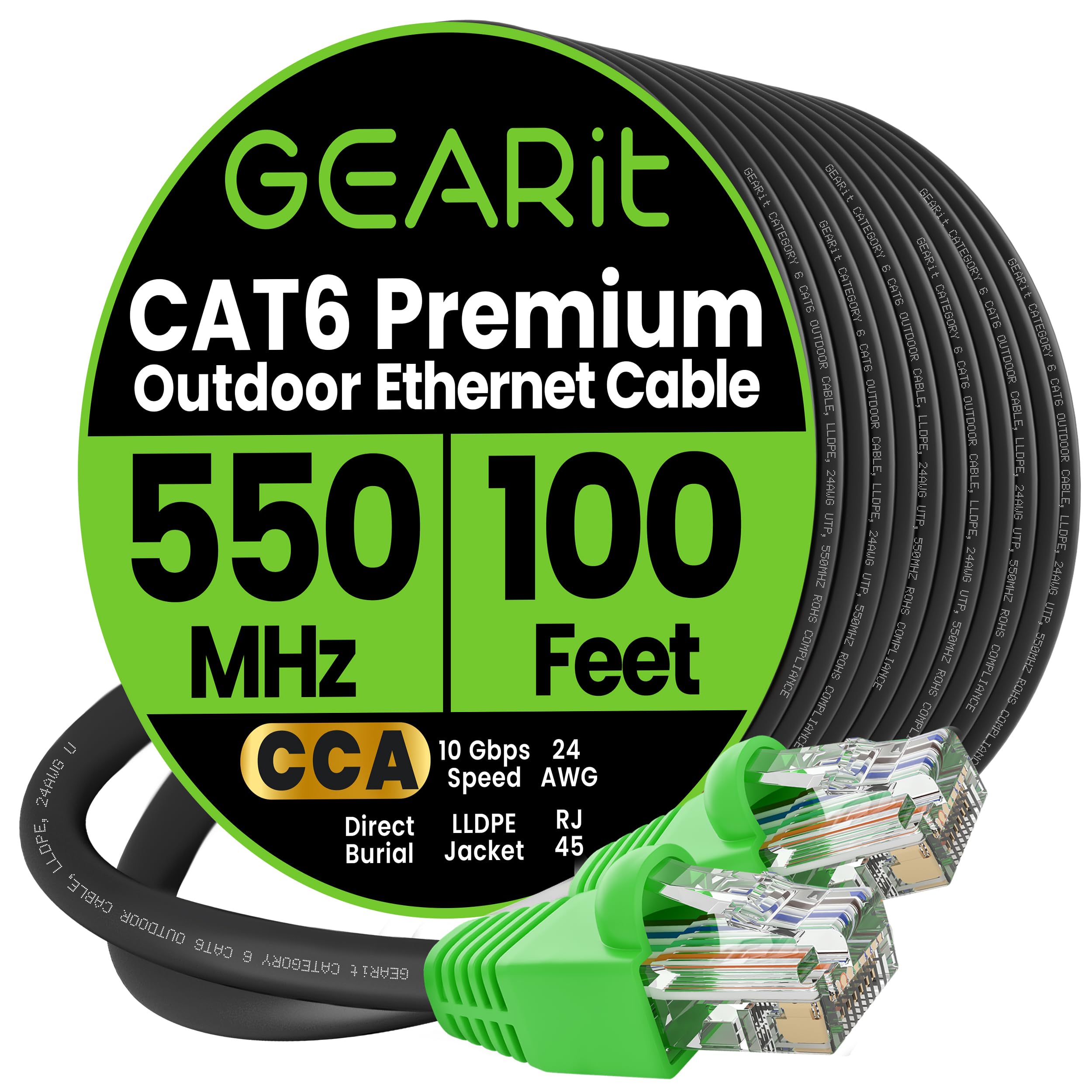 GEARit Cat 6 Ethernet Cable 100 ft, Direct Burial Outdoor Cat6 Ethernet Cable 24AWG High Speed Up to 10 Gbps/550 MHz, LLDPE (PE) UV-Resistant Waterproof Jacket, CCA, RJ45 Internet Cable for Router