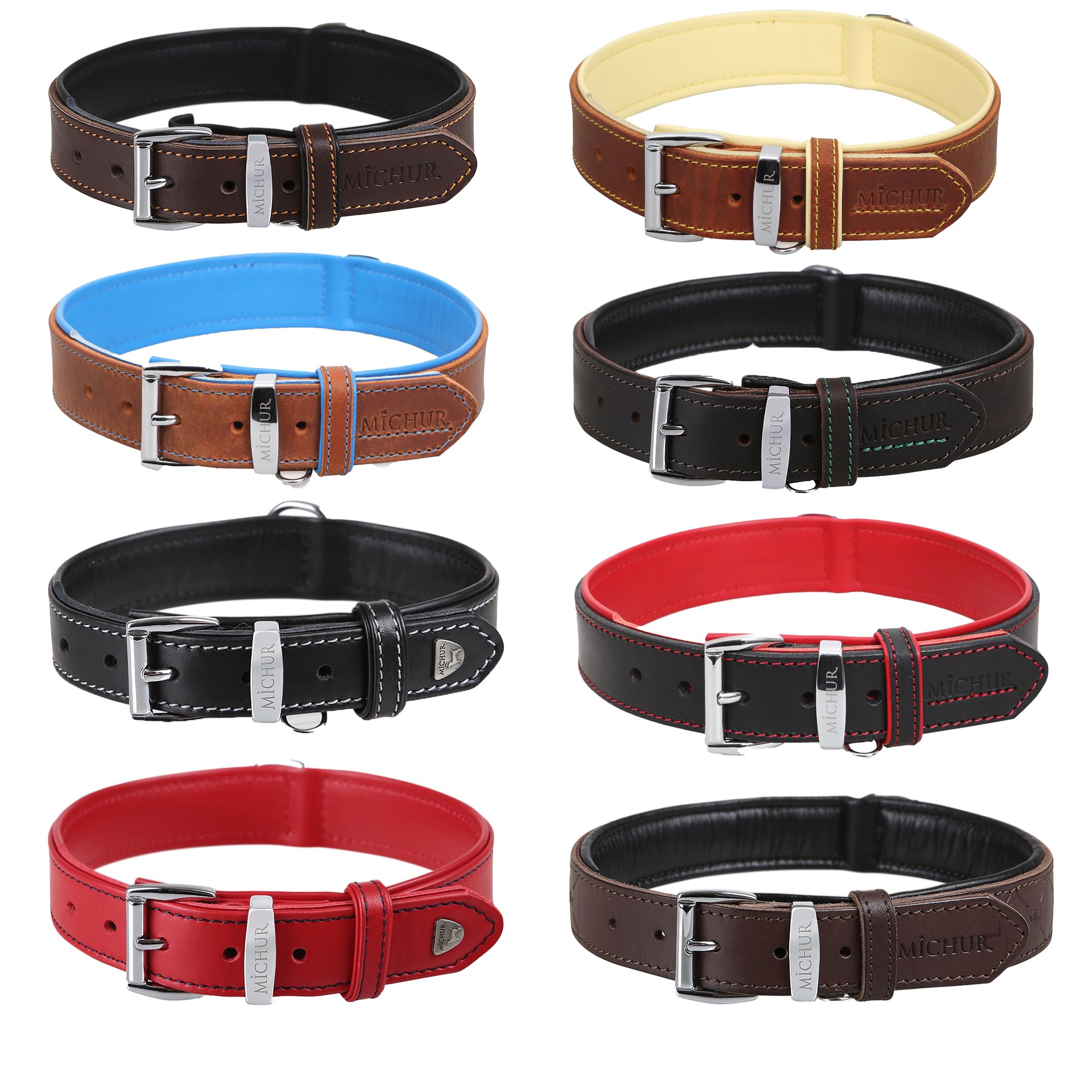 MICHUR Charly Hundehalsband Leder Braun Gelb, Lederhalsband Hund, Halsband, Leder, in verschiedenen Größen erhältlich