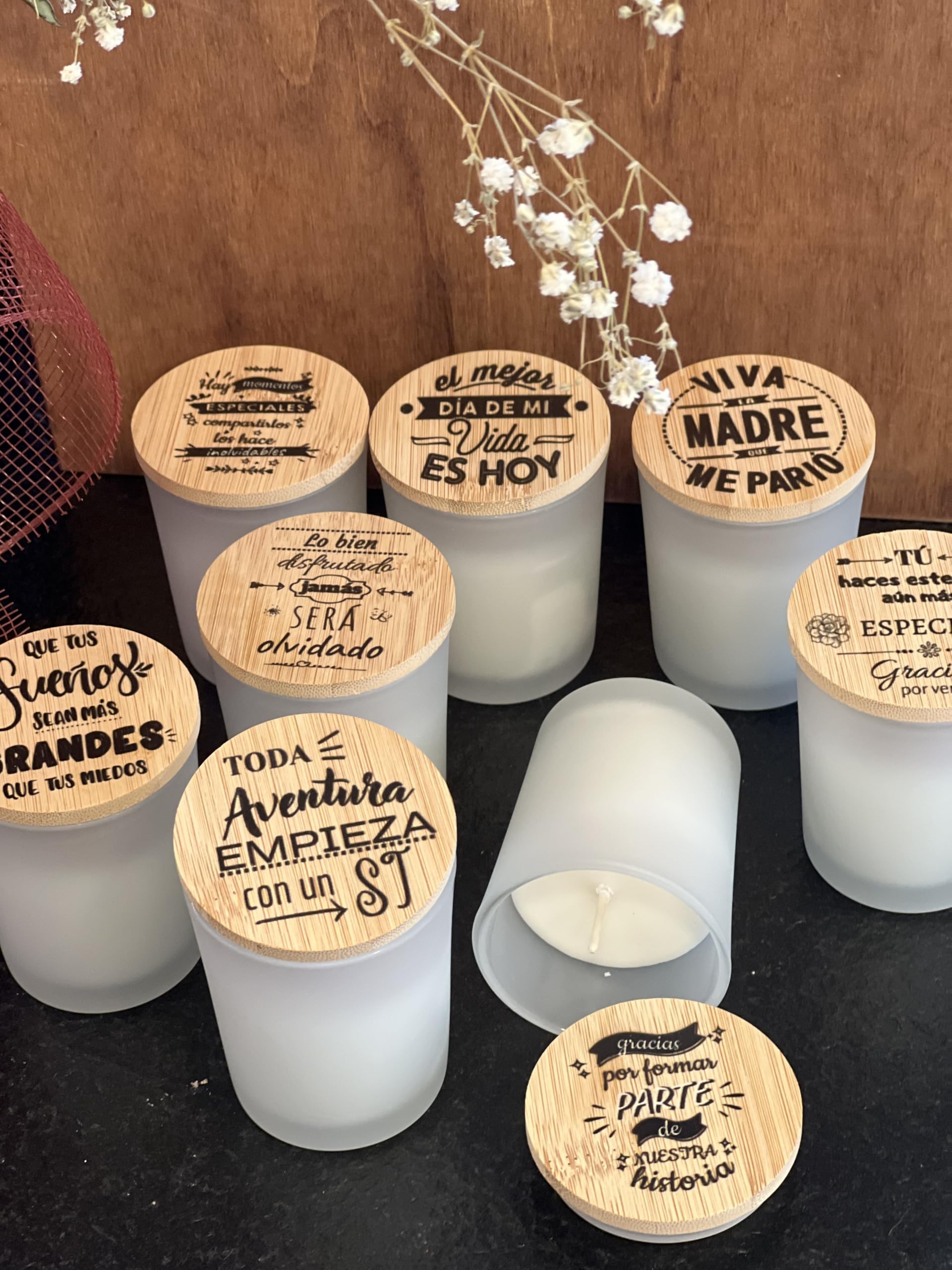 Uvimark - Detalles de boda, comunión, bautizo - Set de 10 velas aromáticas con mensaje - Velas estampadas con tapa de madera - Regalos Originales