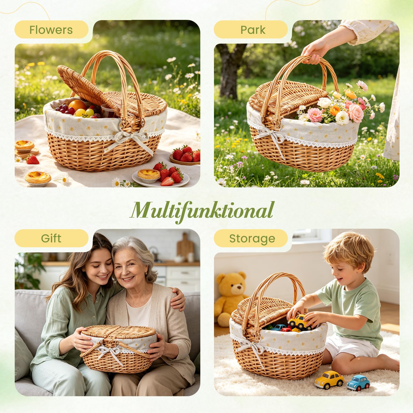 Picknickkorb,Picknickkorb 2 Personen mit Doppelt zu öffnendem Deckel und Klappbarem Griff,Picknick Korb Klein mit Herausnehmbarem Baumwollfutter für Picknicks, Camping(Gelb/40x34x19CM)