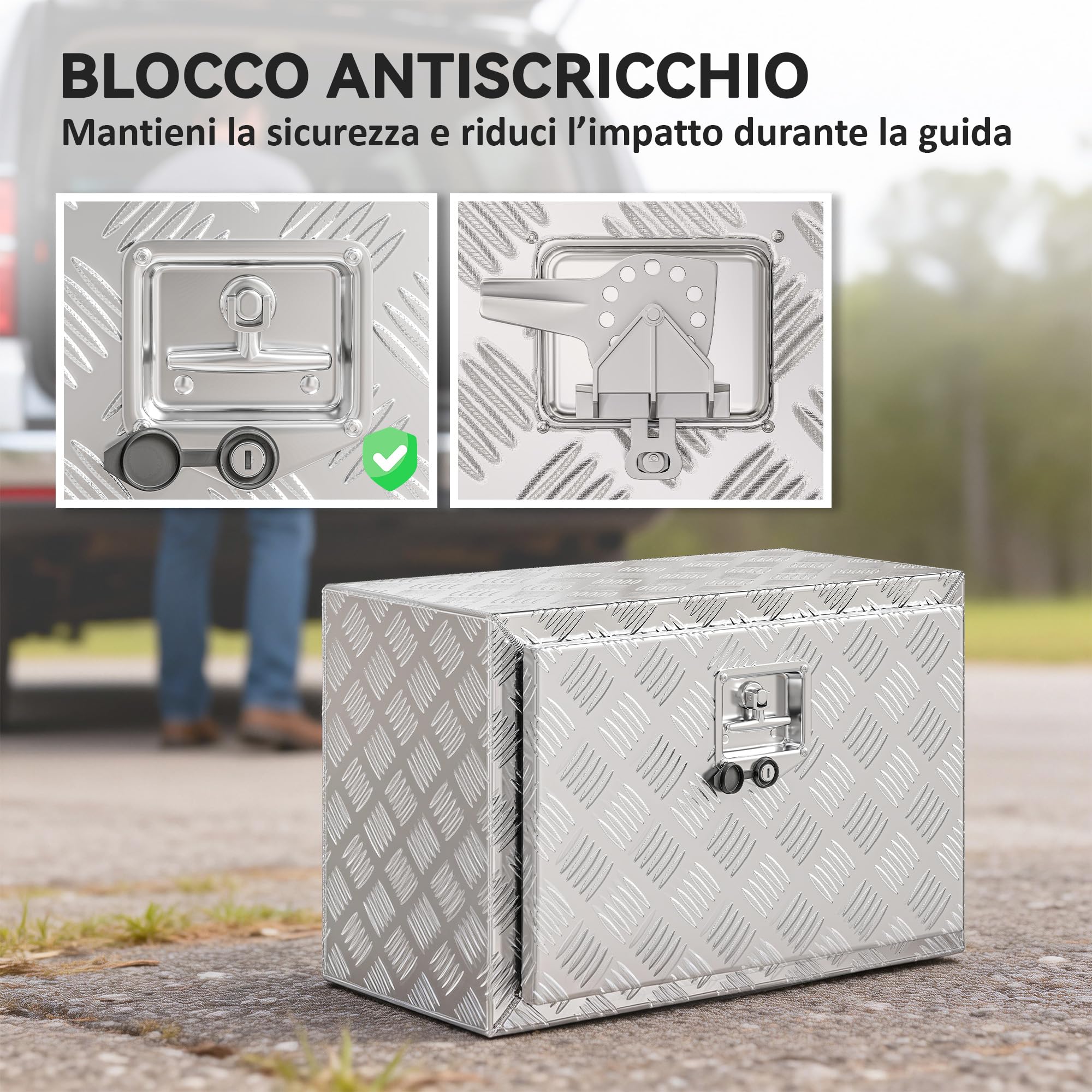 HOMCOM Boîte à Outils pour Camion en Aluminium 60,9x35,5x40,6cm, Argent | Caisse Aluminium Remorque, Coffre de Rangement pour Camion 76L à Texture Diamant, Serrure et Clés, Couvercle Rabattable