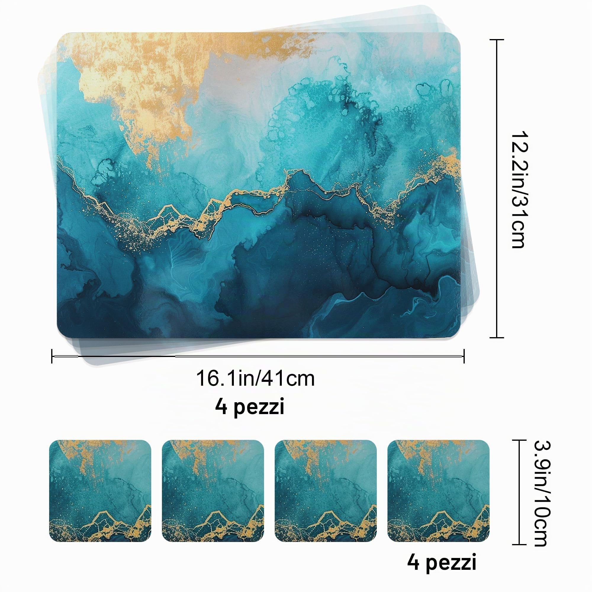 Fanquare Set di 4 Tovagliette Rettangolari in Sughero e Sottobicchieri - Marmo Blu, Impermeabili, Resistenti al Calore per Cucina e Casa, 41 * 31cm